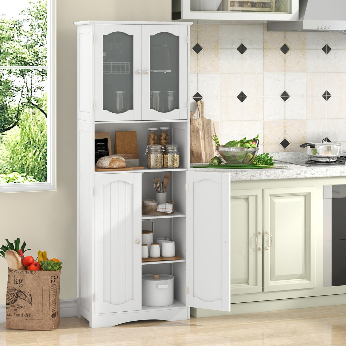 Armário Alto de Armazenamento para Casa de Banho com Portas de Vidro Fosco Prateleiras Cozinha Sala Branco