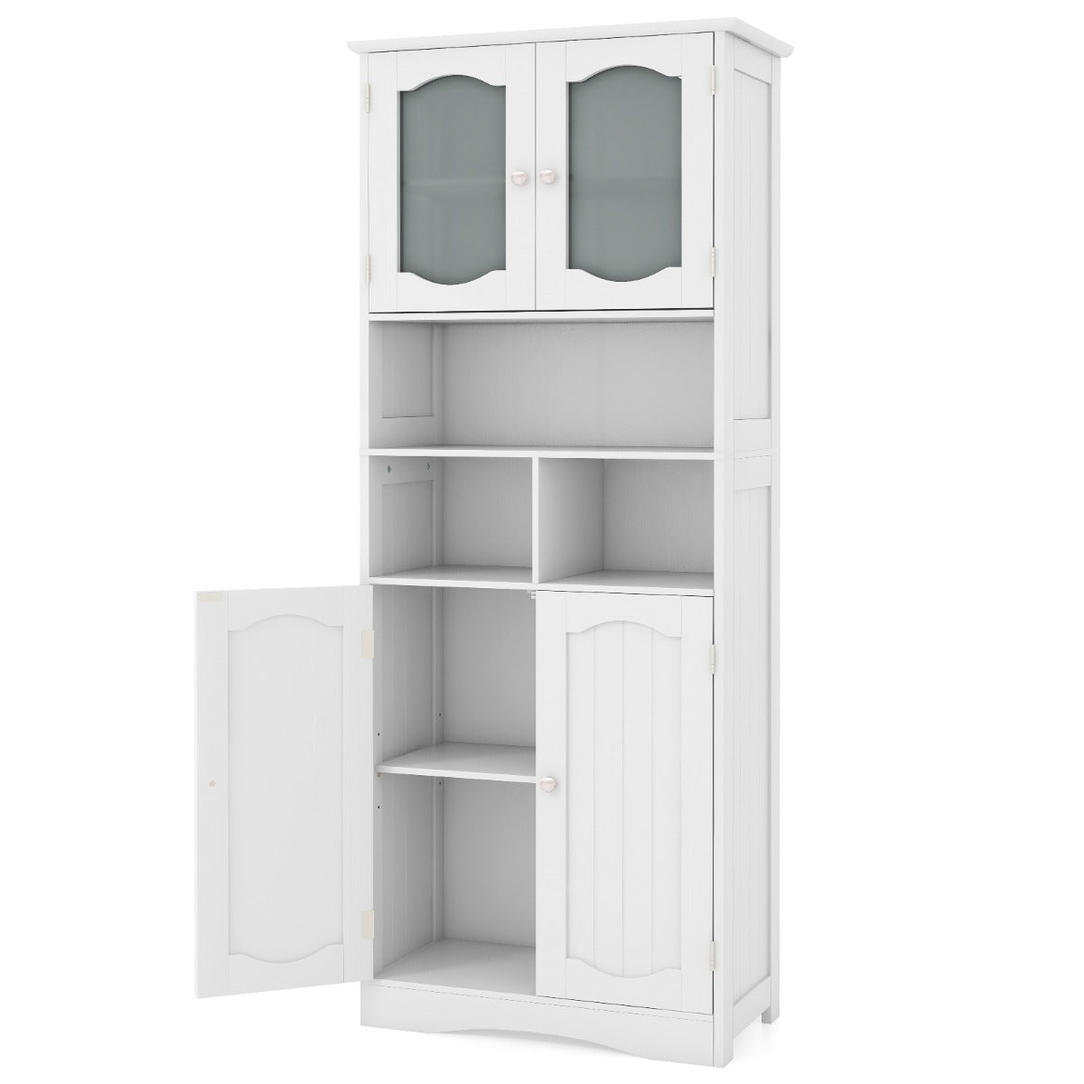 Armário Alto de 148,5 cm de Armazenamento para Casa de Banho e Despensa com Portas de Vidro Fosco para Cozinha e Sala de Estar Branco