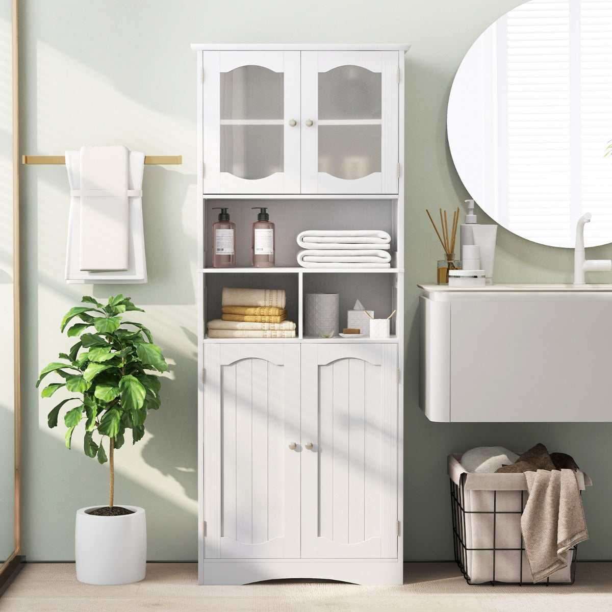 Armário Alto de 148,5 cm de Armazenamento para Casa de Banho e Despensa com Portas de Vidro Fosco para Cozinha e Sala de Estar Branco