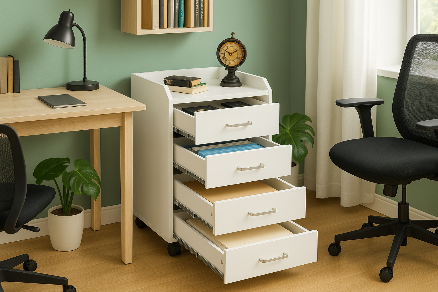 Arquivador com gavetas abertas em home office