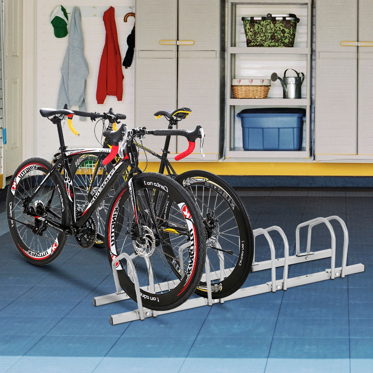 Suporte de Estacionamento para 4 Bicicletas em Metal Cinzento para Casa ou Centro Comercial 120 x 32,5 x 26 cm