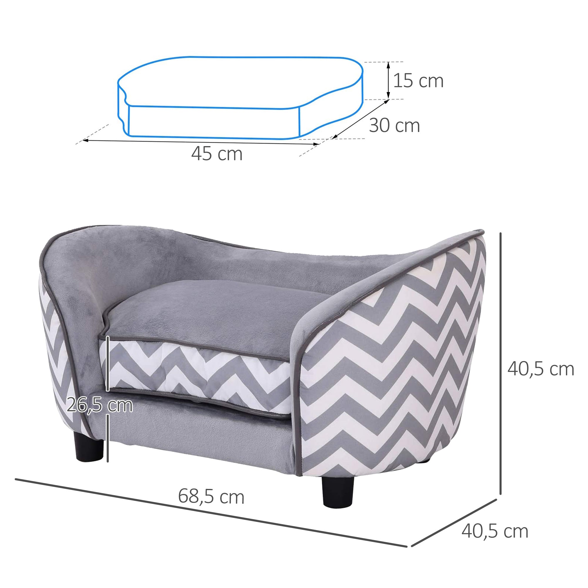 Sofá Acolchoado para Animais de Estimação - 68,5x40,5x40,5 cm - Cinza