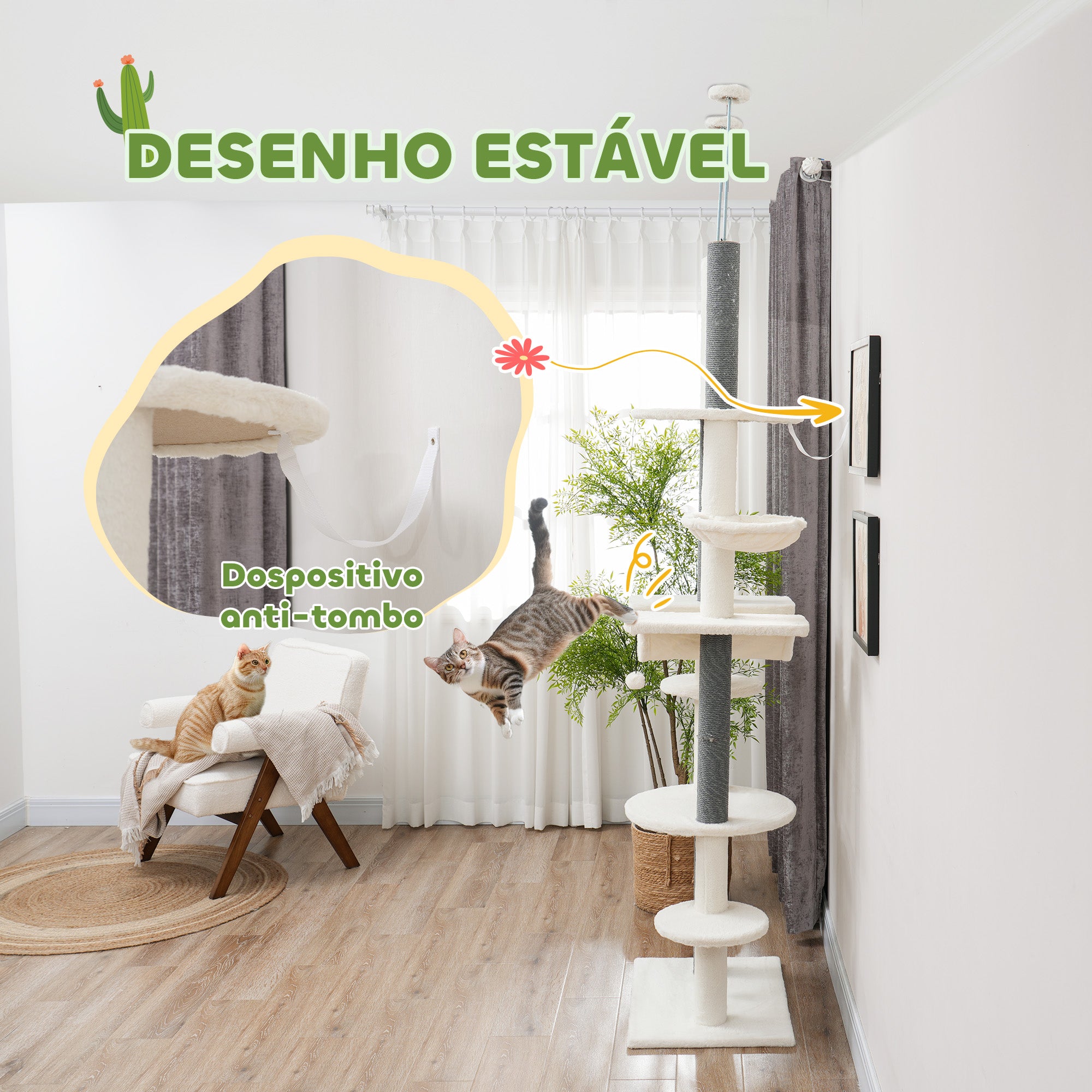 Arranhador para Gatos Creme e Cinza 60x44x225-255 cm do Chão ao Teto