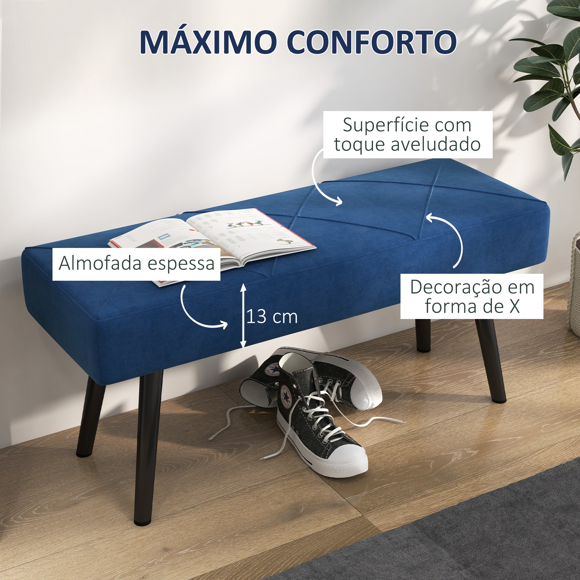 Banco Estofado com Braços Curvados – 102x31x51cm – Cinzento – Veludo