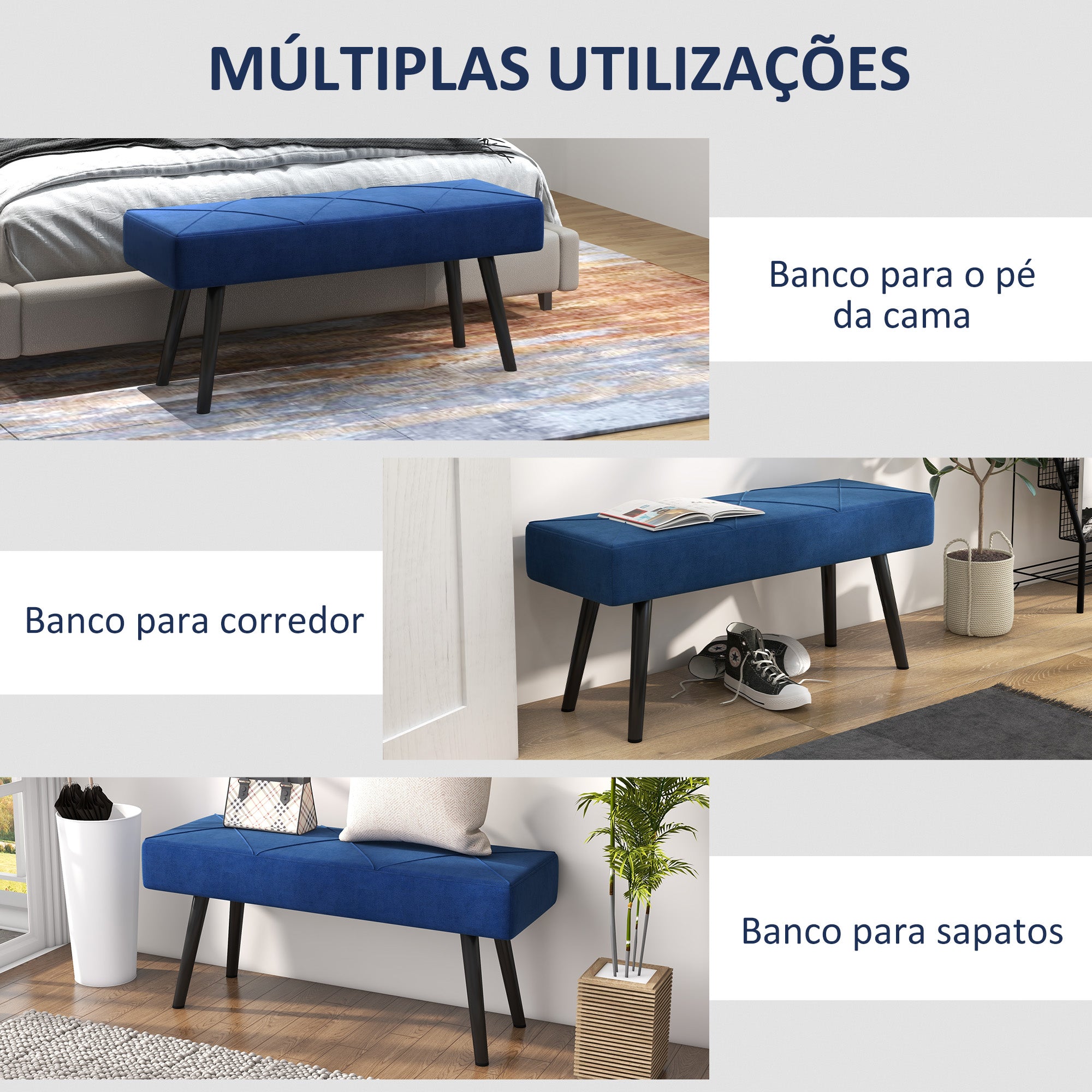 Banco Estofado com Braços Curvados – 102x31x51cm – Cinzento – Veludo