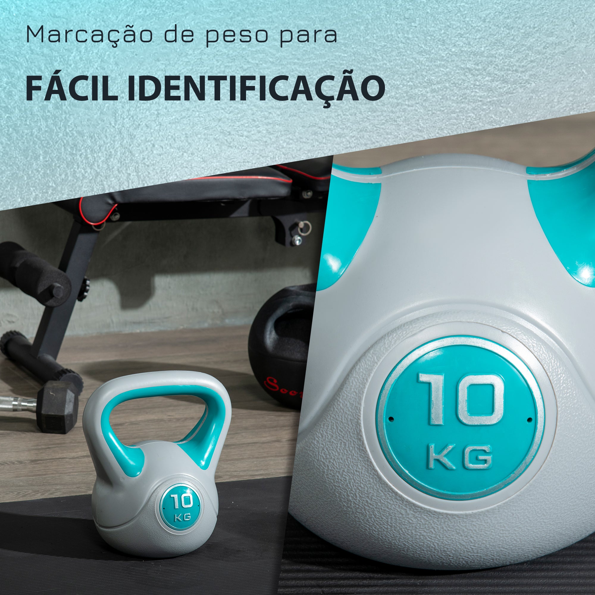 Kettlebell 10kg – 22x16x26cm – Azul e Cinza – Revestimento de PU e Enchimento de Areia