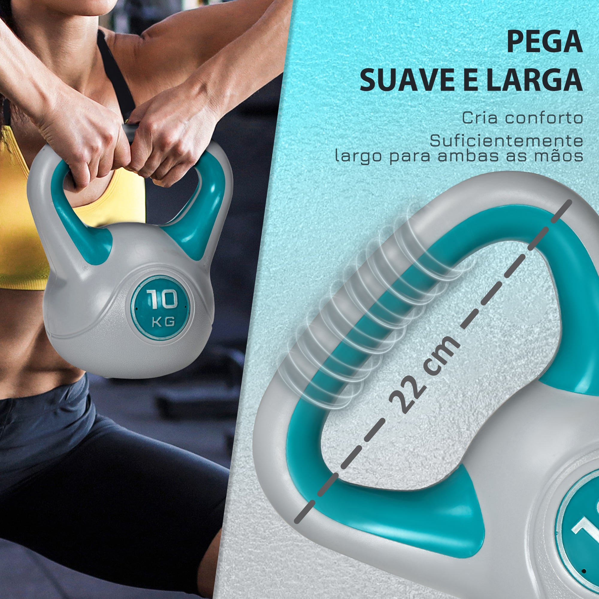 Kettlebell 10kg – 22x16x26cm – Azul e Cinza – Revestimento de PU e Enchimento de Areia
