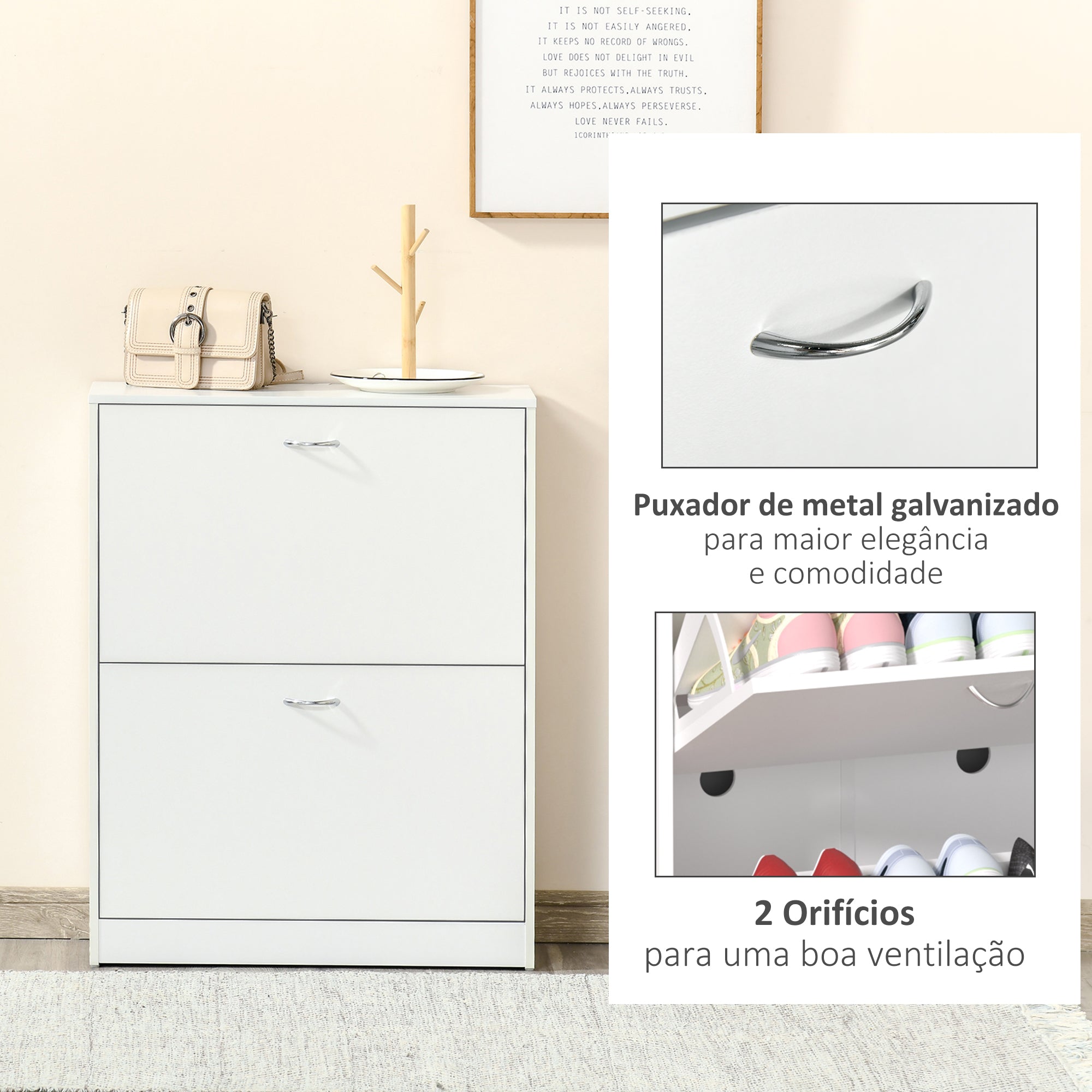 Sapateira de Madeira com 2 Compartimentos 60x24x80 cm - Branco