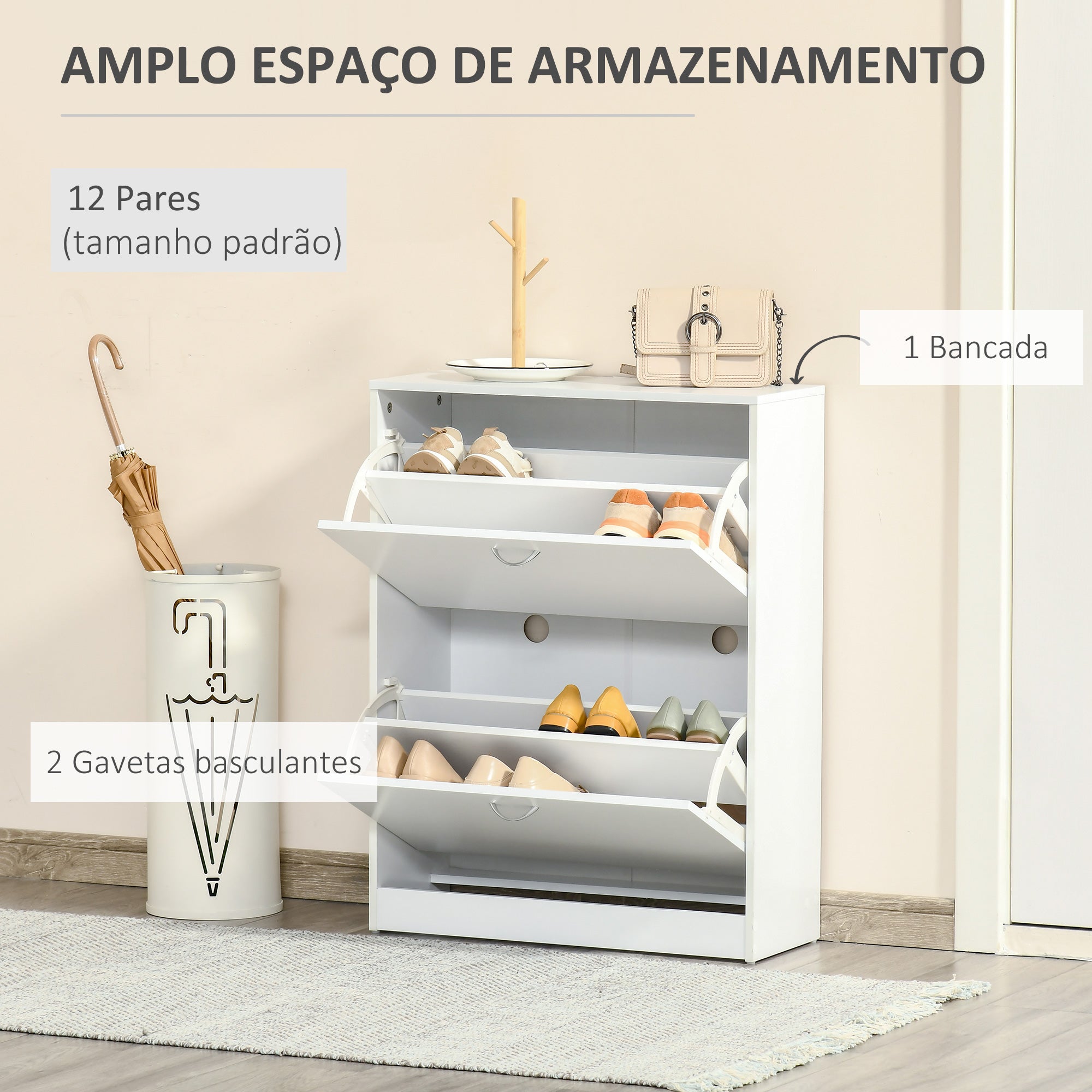 Sapateira de Madeira com 2 Compartimentos 60x24x80 cm - Branco