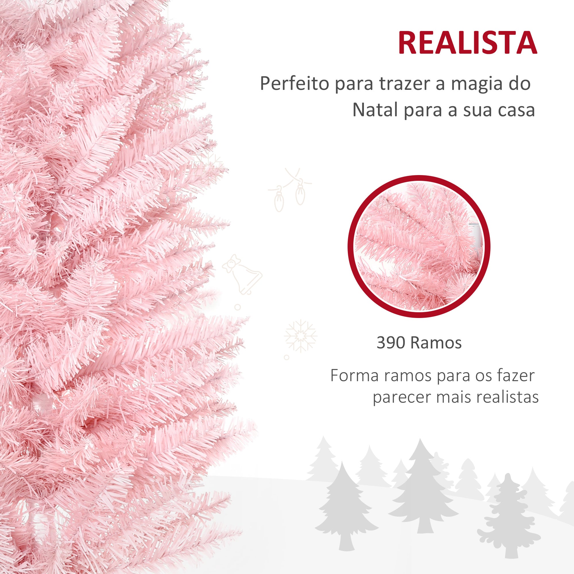 Árvore de Natal Artificial – 180 cm – Rosa – PVC, metal e plástico