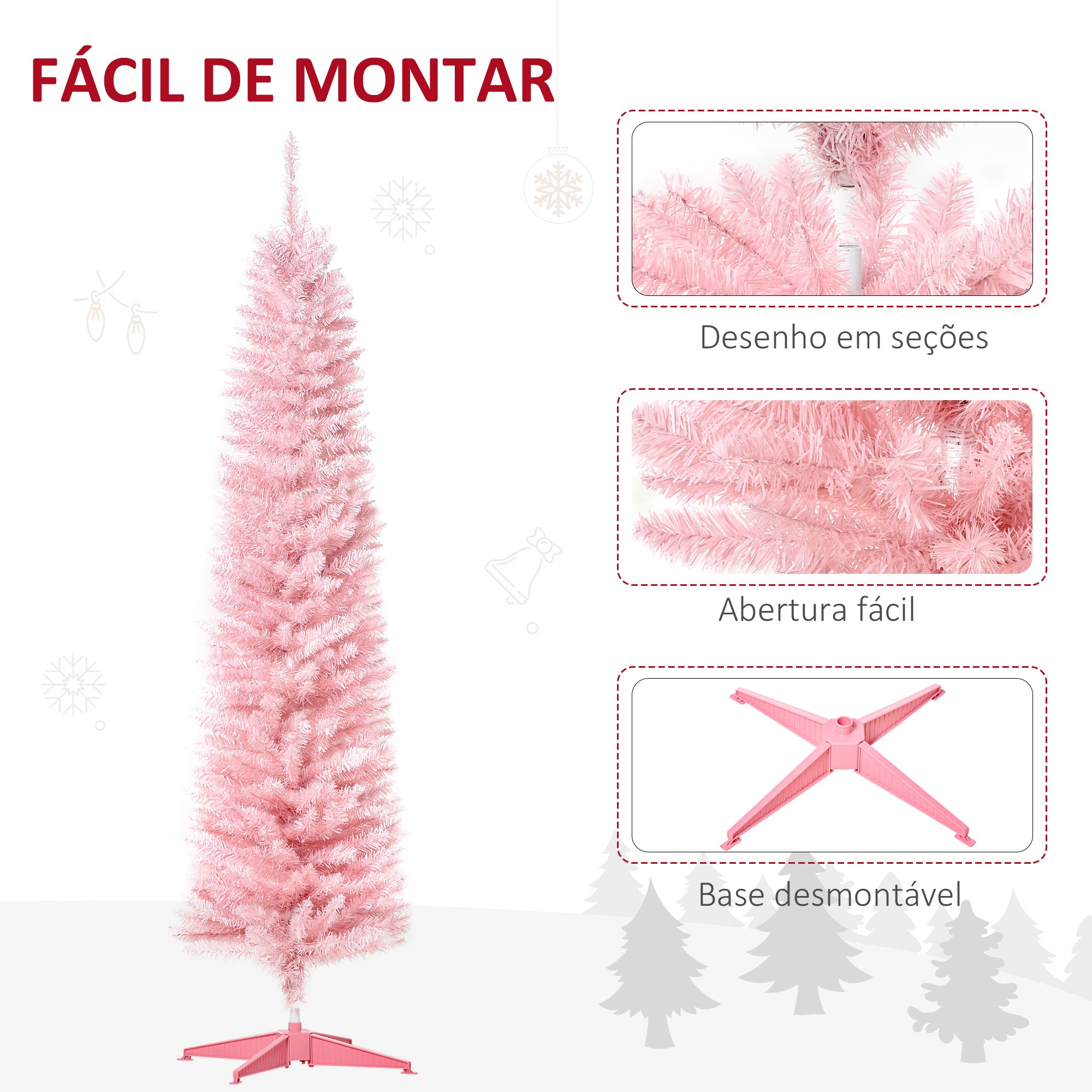 Árvore de Natal Artificial – 180 cm – Rosa – PVC, metal e plástico