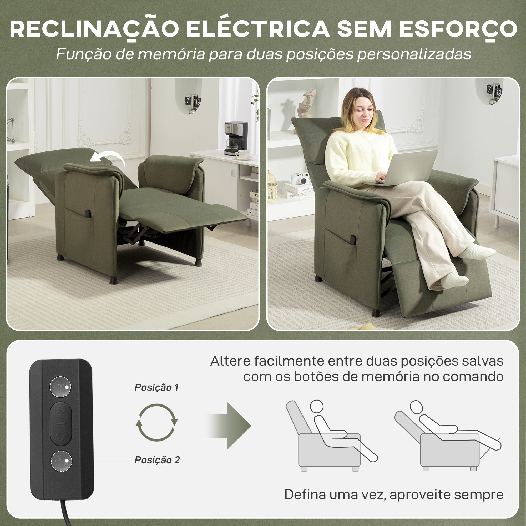 Poltrona Relax Reclinável Elétrica Verde Escuro 80x83x104 cm