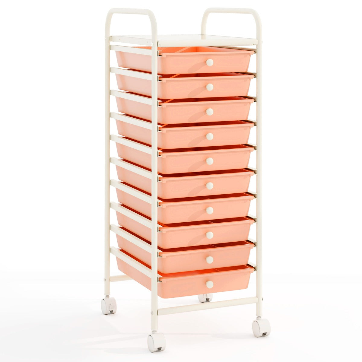 Carrinho Auxiliar com Rodas e 10 Gavetas Removíveis em Estrutura de Metal com Gavetas Empilháveis para Casa Escritório 33 x 37 x 86 cm Rosa Claro