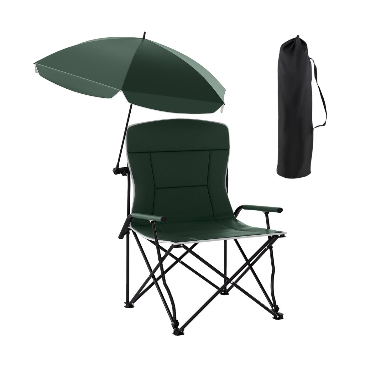 Cadeira de Campismo com Guarda-Sol e Assento e Encosto Acolchoados Bolsa de Transporte Portátil para Piquenique Pesca Campismo 62 x 65 x 96 cm Verde