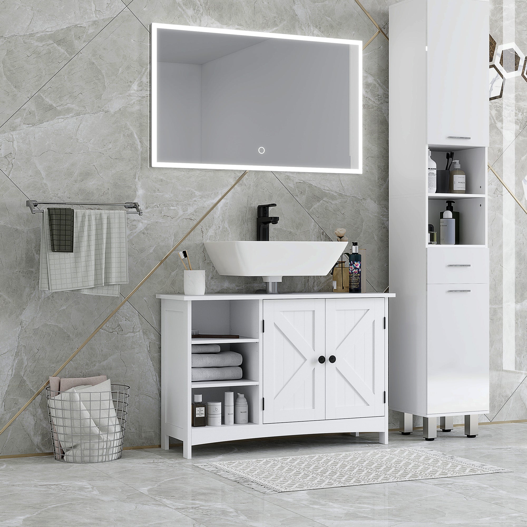 Móvel para Lavatório Branco 90x30x60 cm com Armário e Prateleiras - Estilo Moderno