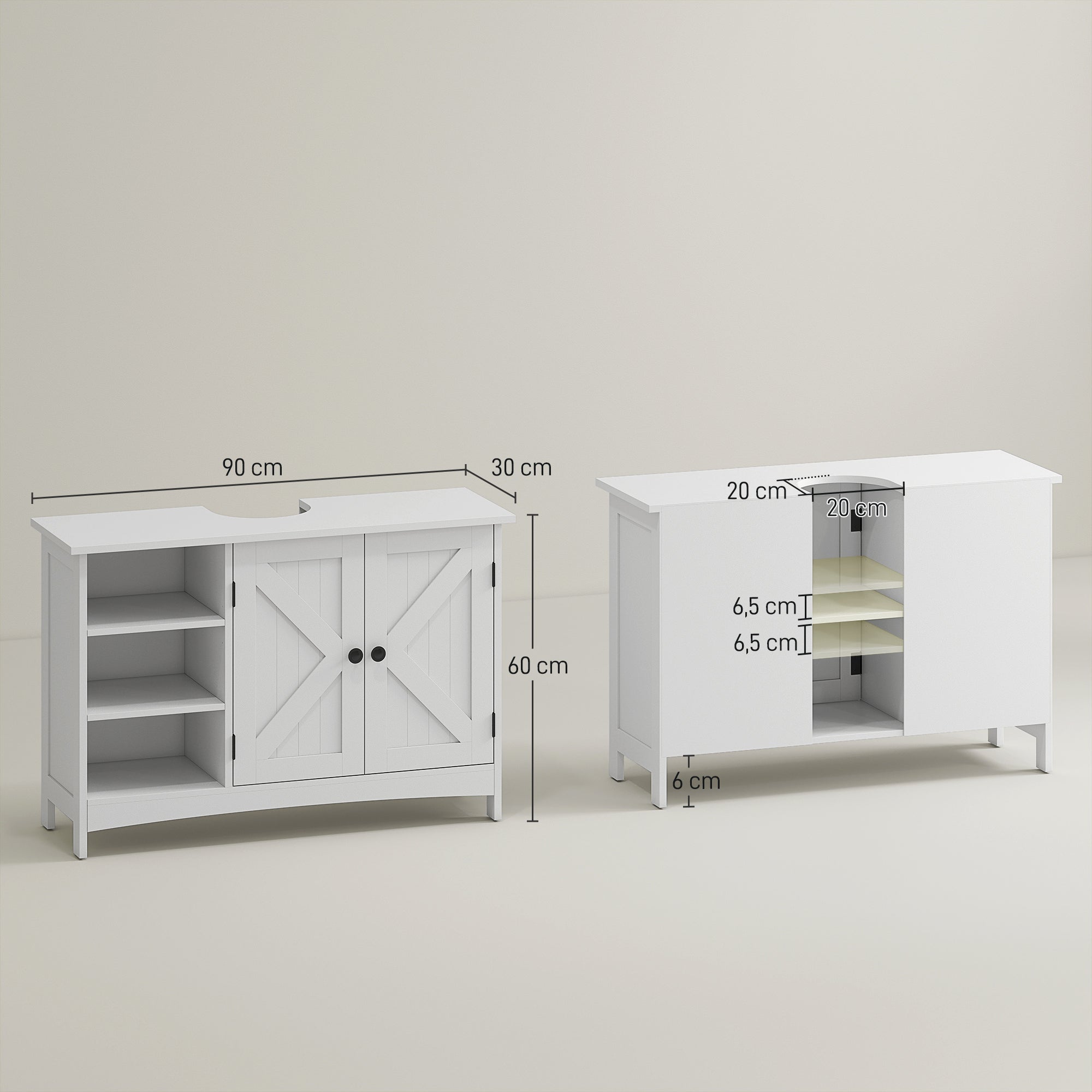 Móvel para Lavatório Branco 90x30x60 cm com Armário e Prateleiras - Estilo Moderno