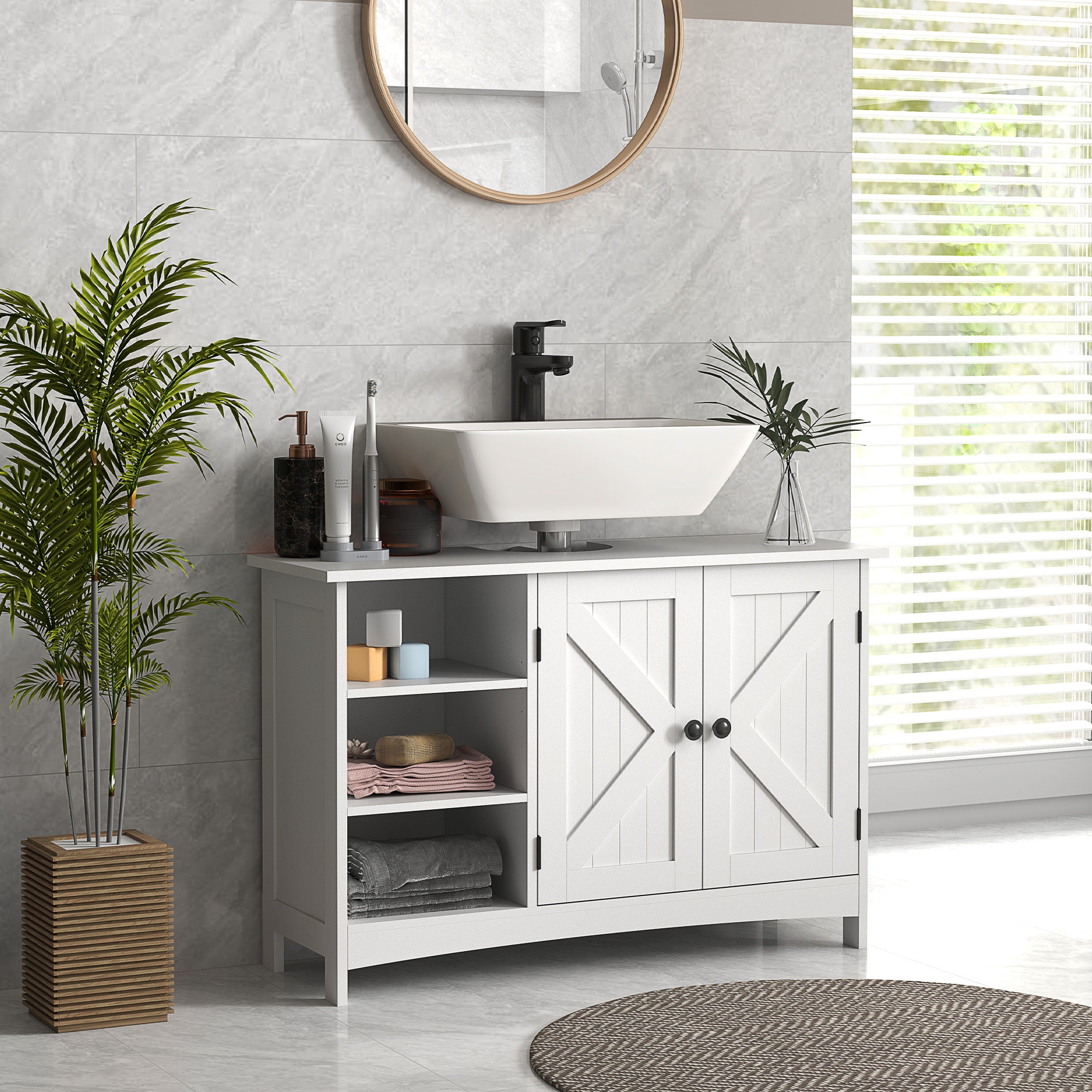 Móvel para Lavatório Branco 90x30x60 cm com Armário e Prateleiras - Estilo Moderno