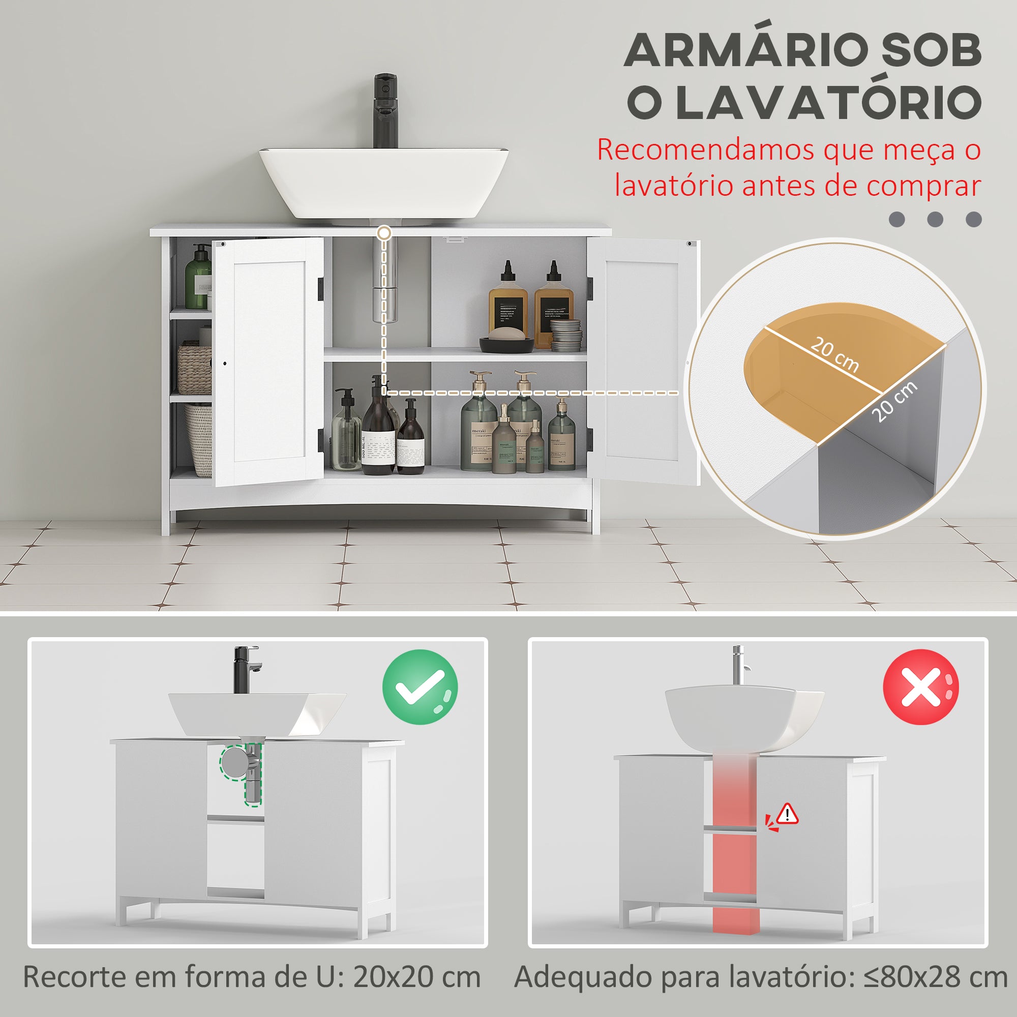 Móvel para Lavatório Branco 90x30x60 cm com Armário e Prateleiras - Estilo Moderno