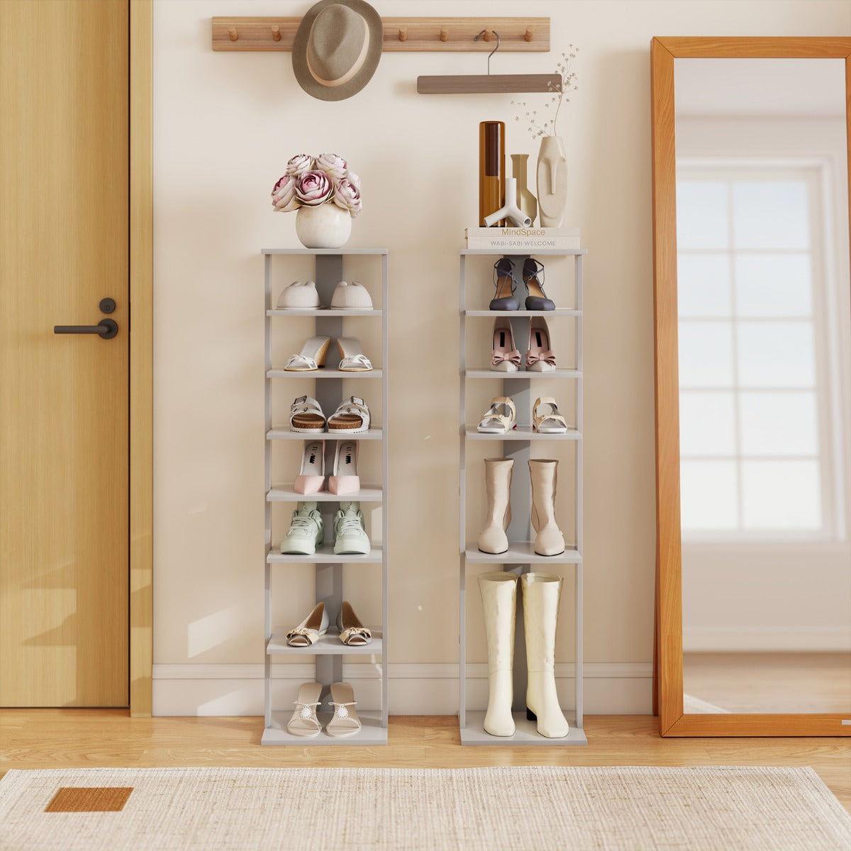Estante Vertical para Sapatos de 7 Níveis com Dispositivo Anti Vuelco para Poupar Espaço no Quarto 28,5 x 25,5 x 110 cm Cinzento