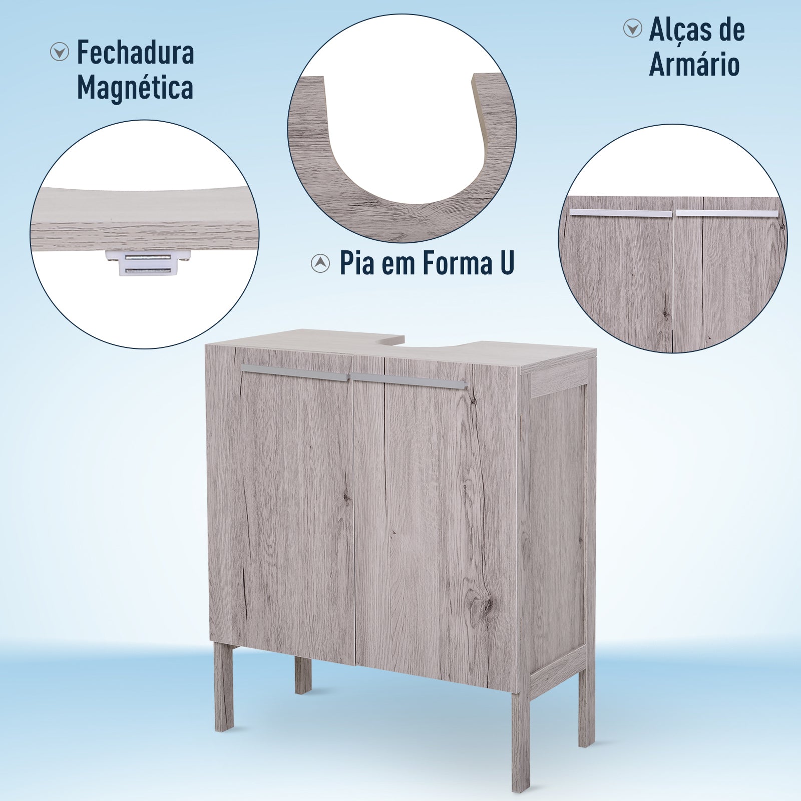 Armário Compacto para Lavatório com 2 Portas - 60x30x70 cm - Madeira Acinzentada