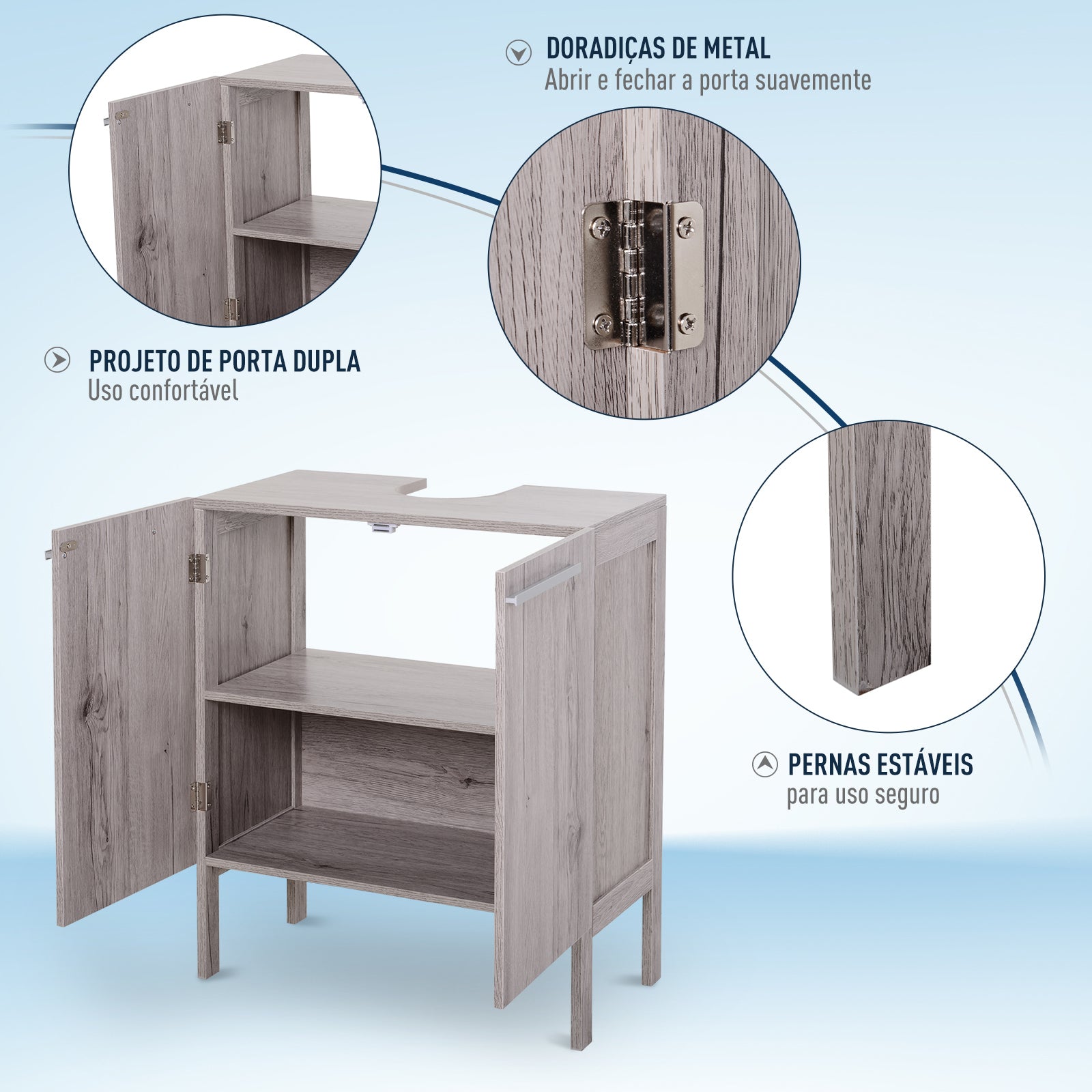 Armário Compacto para Lavatório com 2 Portas - 60x30x70 cm - Madeira Acinzentada