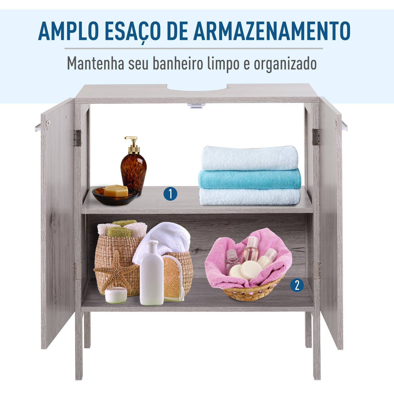 Armário Compacto para Lavatório com 2 Portas - 60x30x70 cm - Madeira Acinzentada
