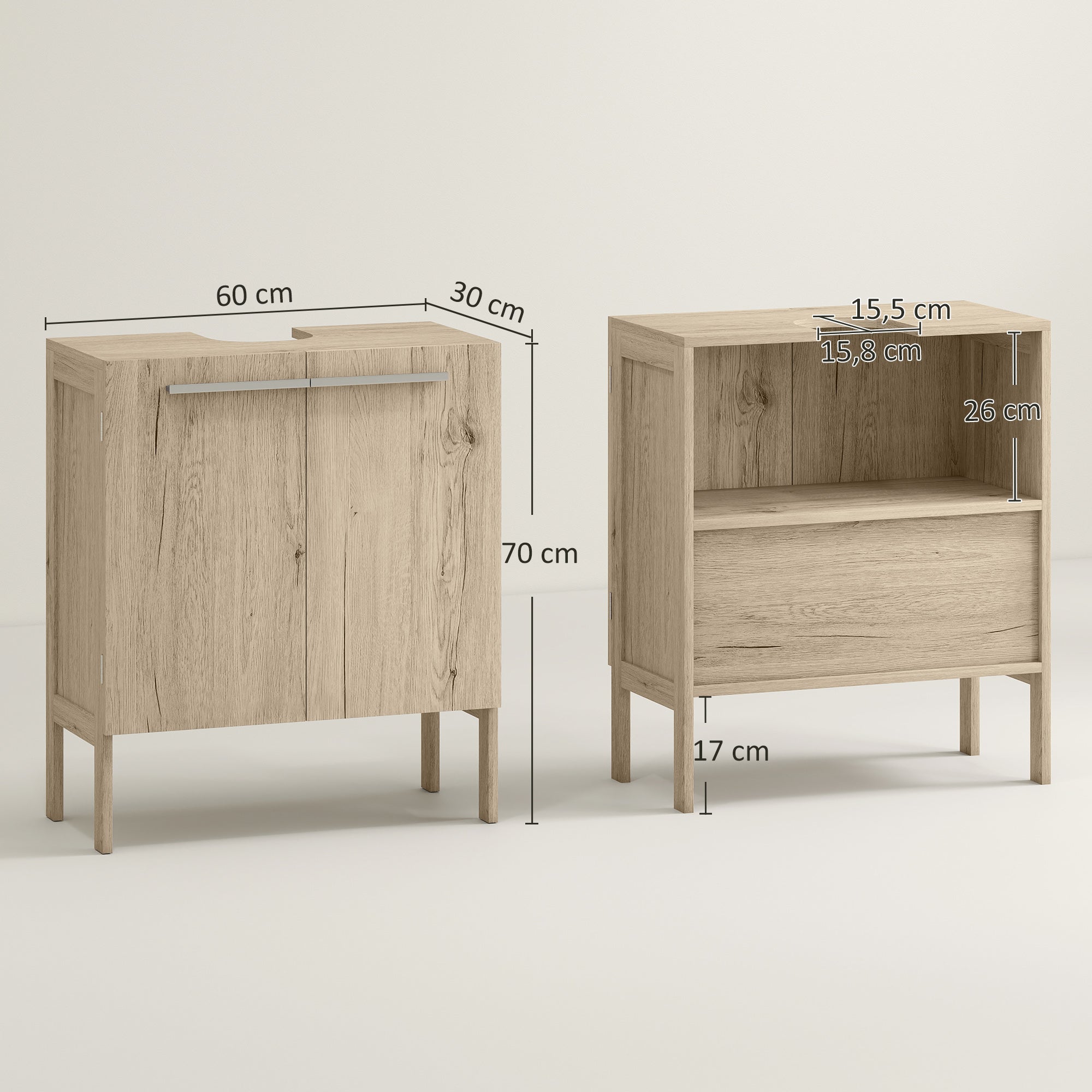 Armário Compacto para Lavatório com 2 Portas - 60x30x70 cm - Madeira Acinzentada