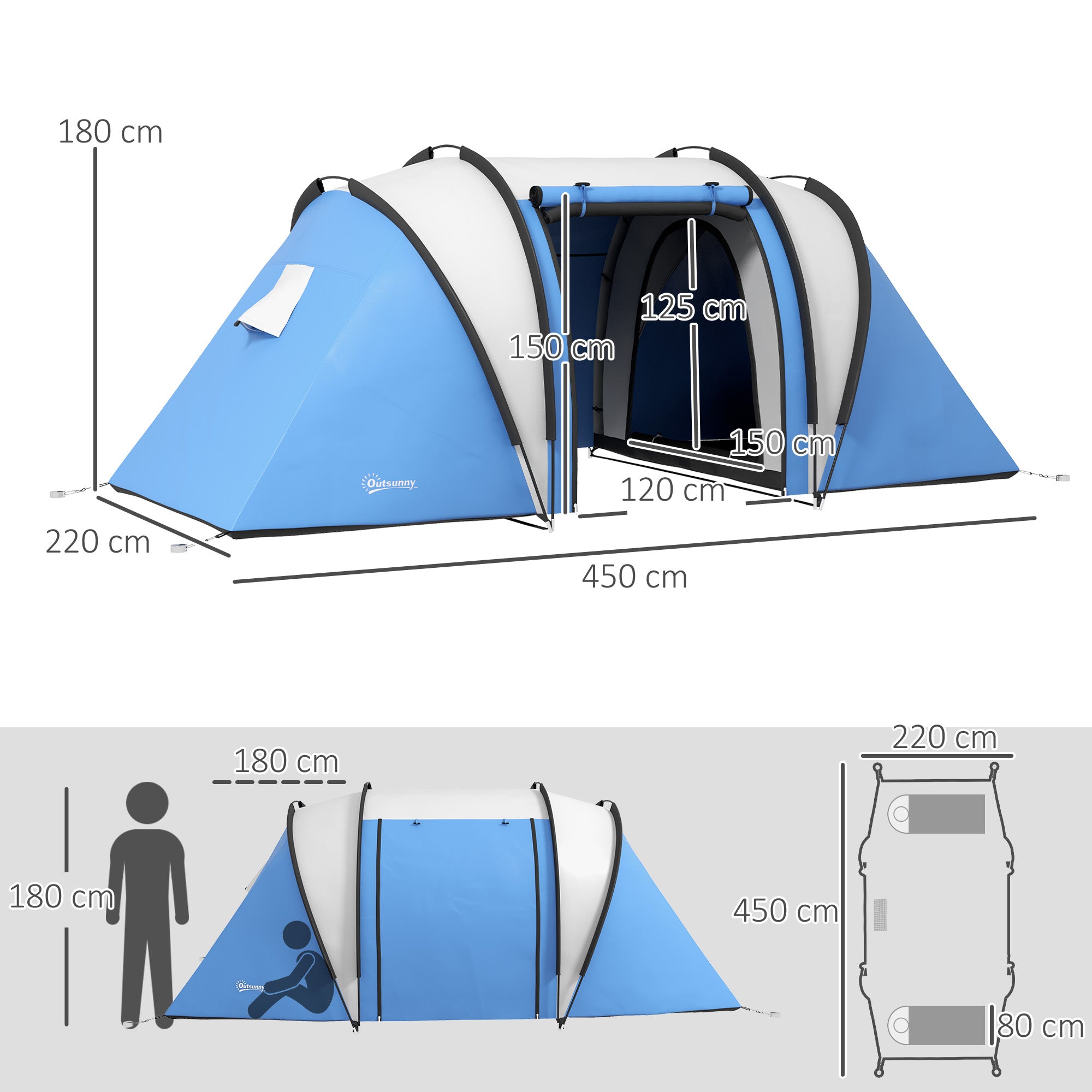 Tenda de Campismo Familiar Azul 450x220x180 cm para 4-5 Pessoas