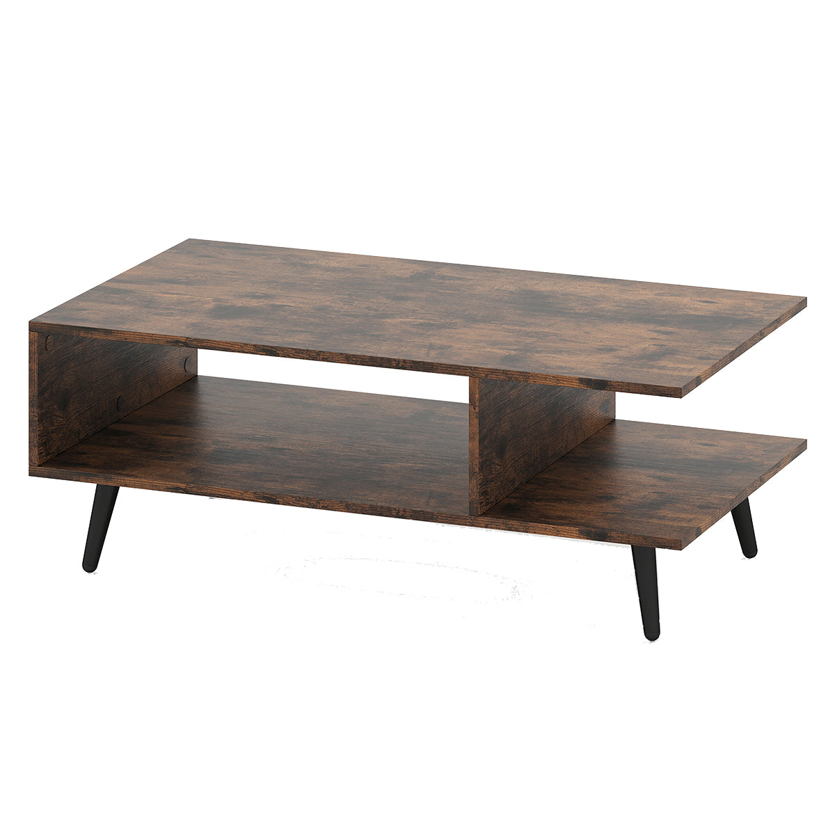 Mesa de Centro de 2 Níveis com Prateleira Aberta Ampla Tampo Metálico Cónico para Sala de Estar 80 x 45 x 30 cm Castanho