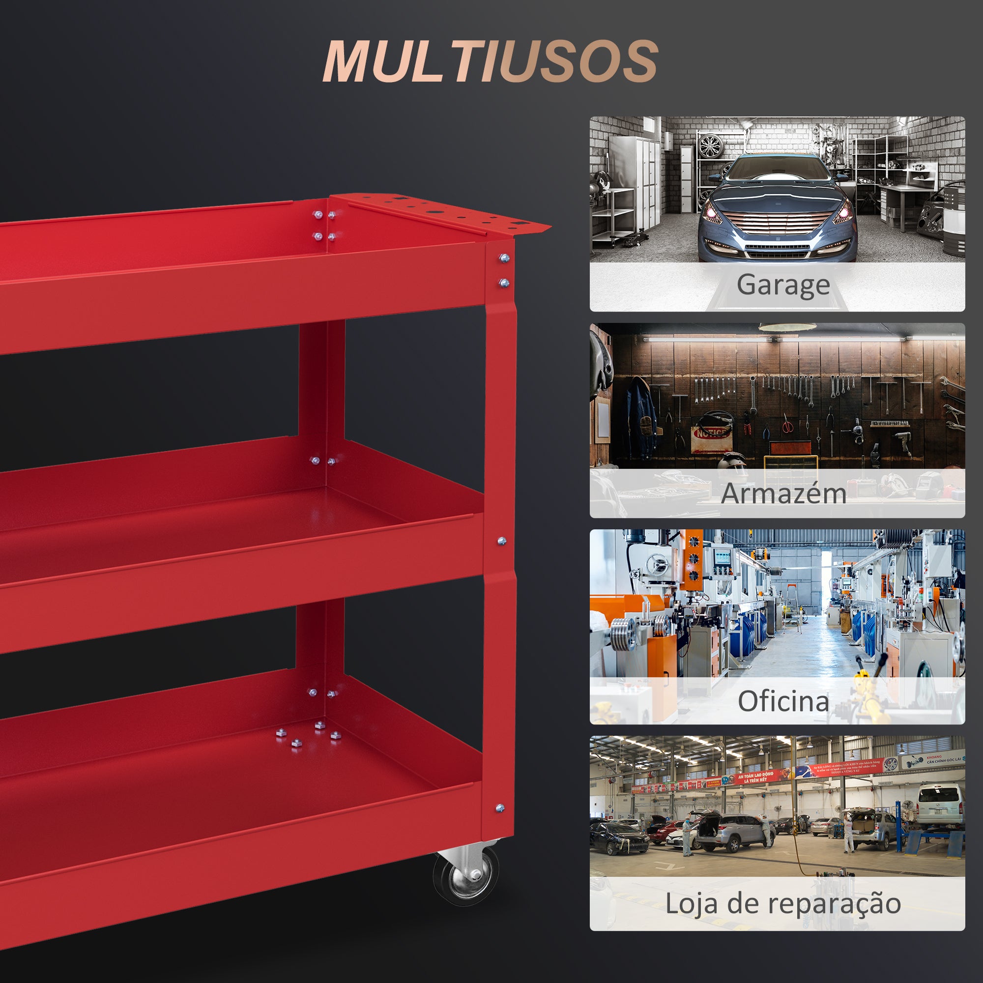 Carrinho de Ferramentas – 83x35,3x76 cm – Vermelho – Aço laminado