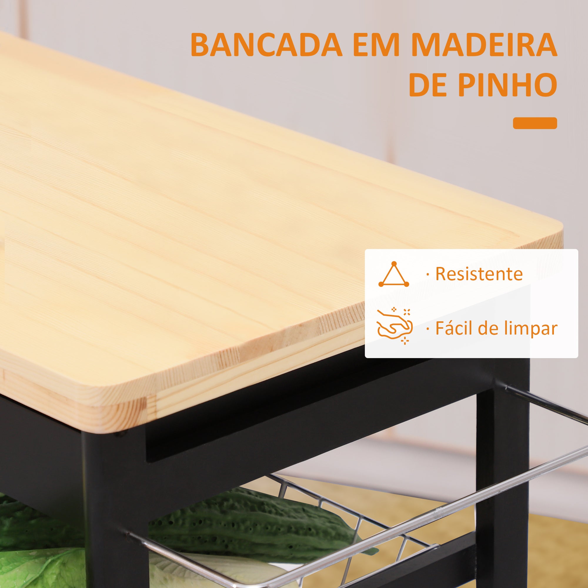 Carrinho de Cozinha com Rodinhas - 74x37x76 cm - Cor Preto
