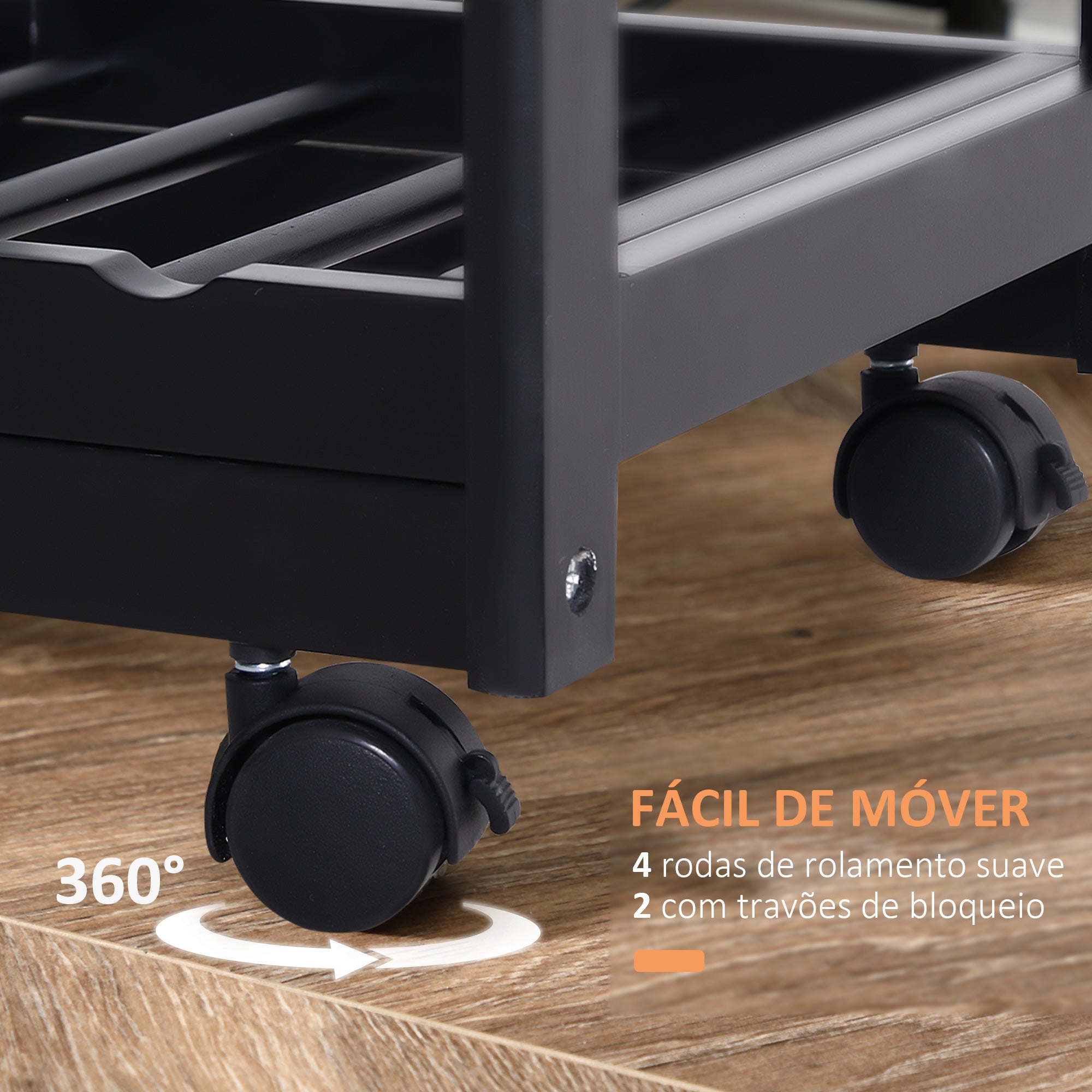 Carrinho de Cozinha com Rodinhas - 74x37x76 cm - Cor Preto