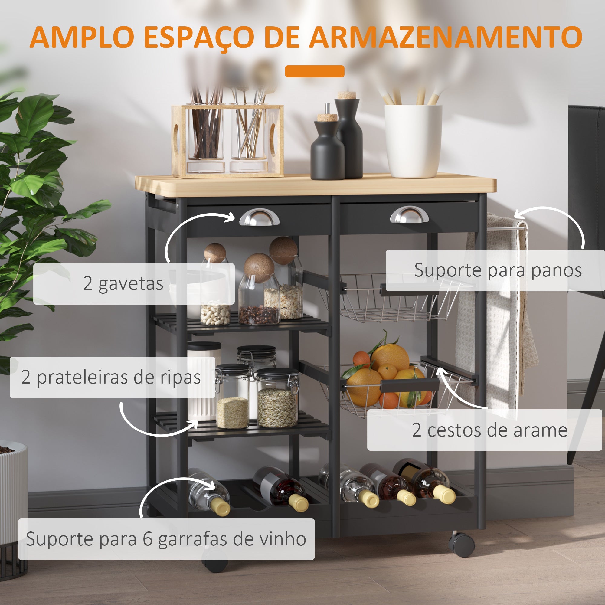 Carrinho de Cozinha com Rodinhas - 74x37x76 cm - Cor Preto