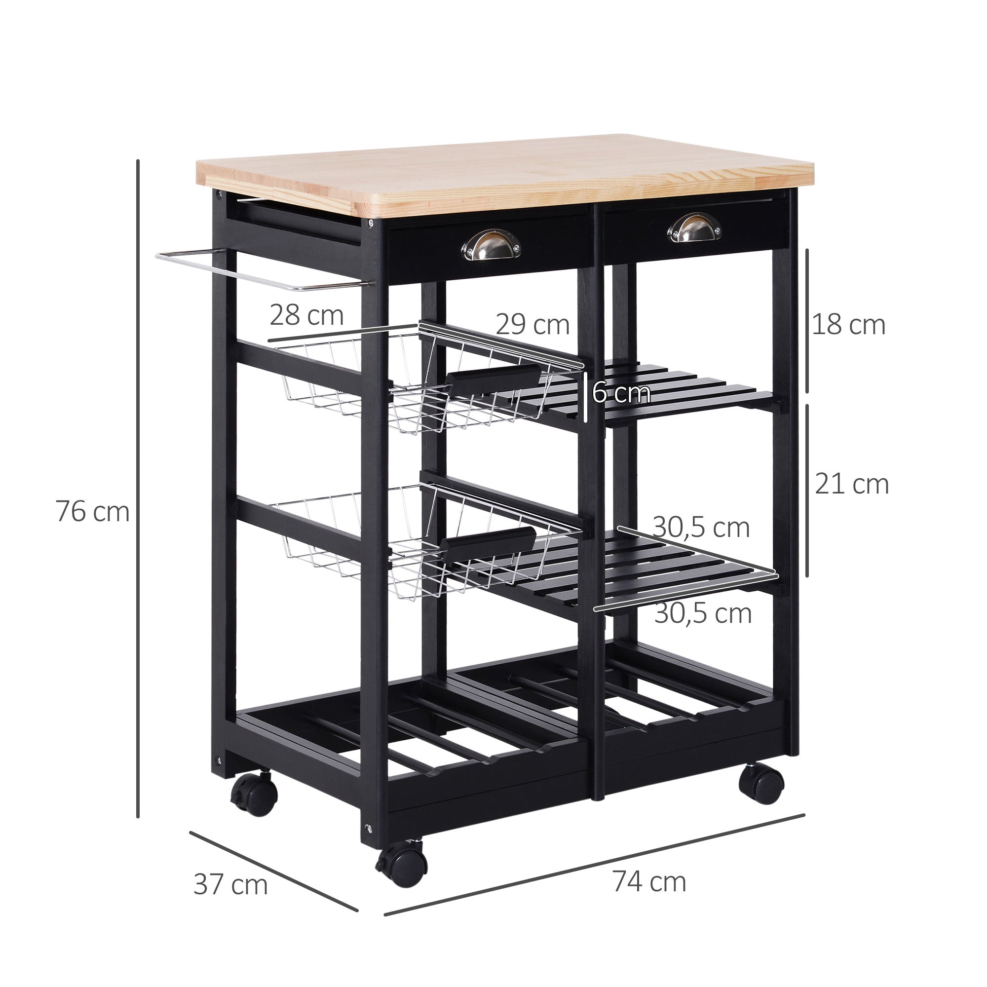 Carrinho de Cozinha com Rodinhas - 74x37x76 cm - Cor Preto