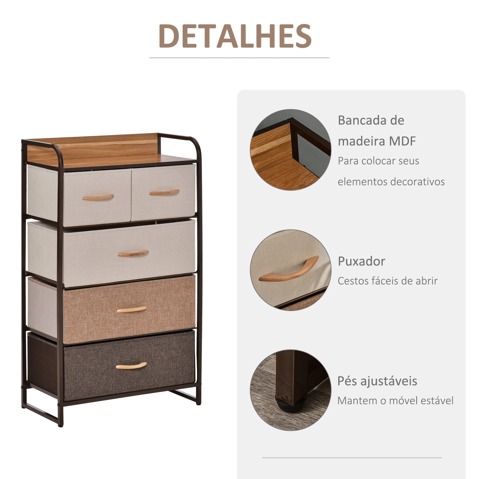 Cómoda de Tecido com 5 Cestos Removíveis e Dobráveis 58x29x99cm - Multicor