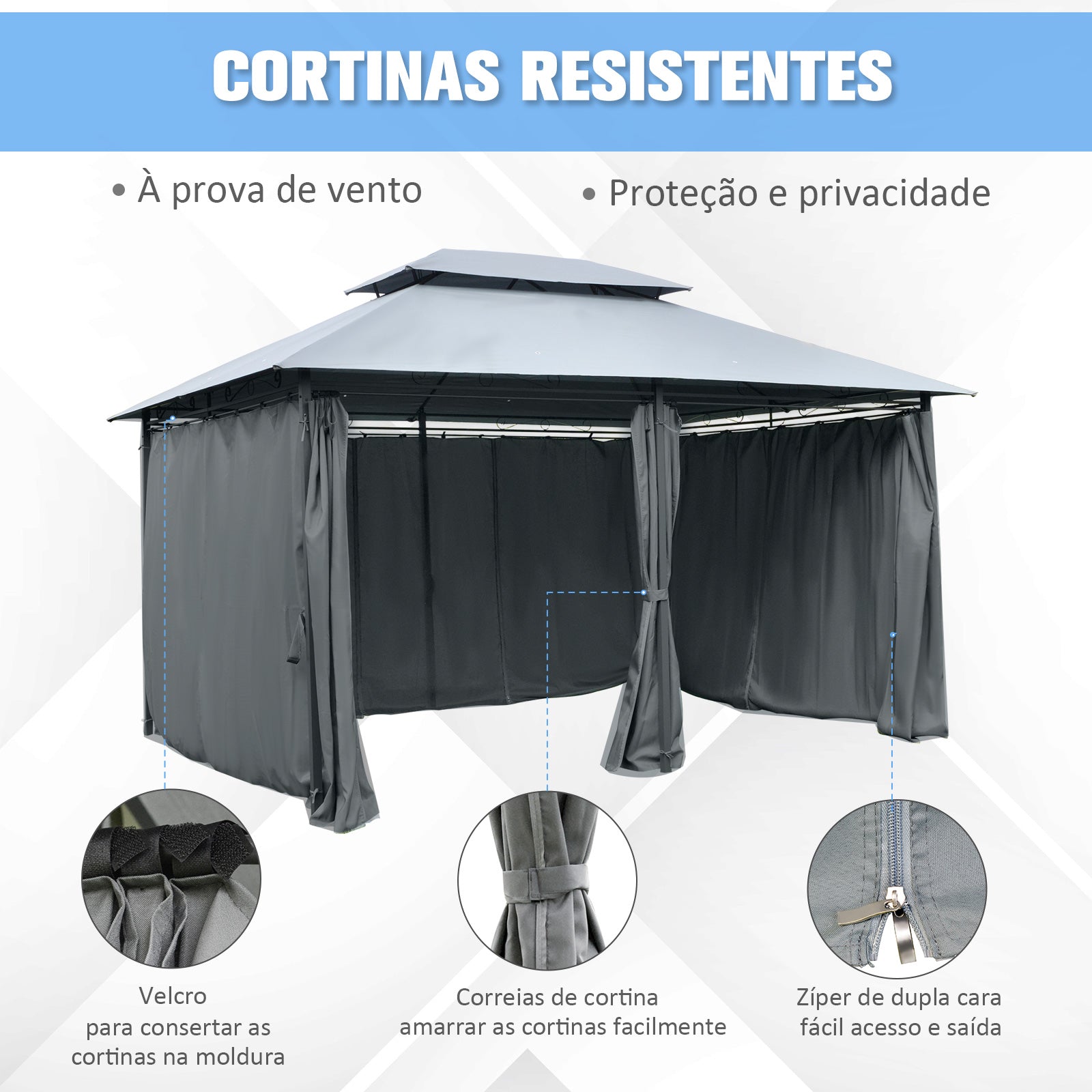Pérgola de Jardim Cinzenta 300x400x280 cm com Estrutura de Aço e Teto Duplo