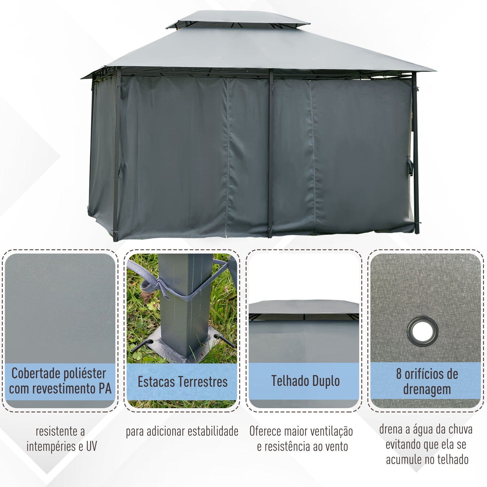 Pérgola de Jardim Cinzenta 300x400x280 cm com Estrutura de Aço e Teto Duplo