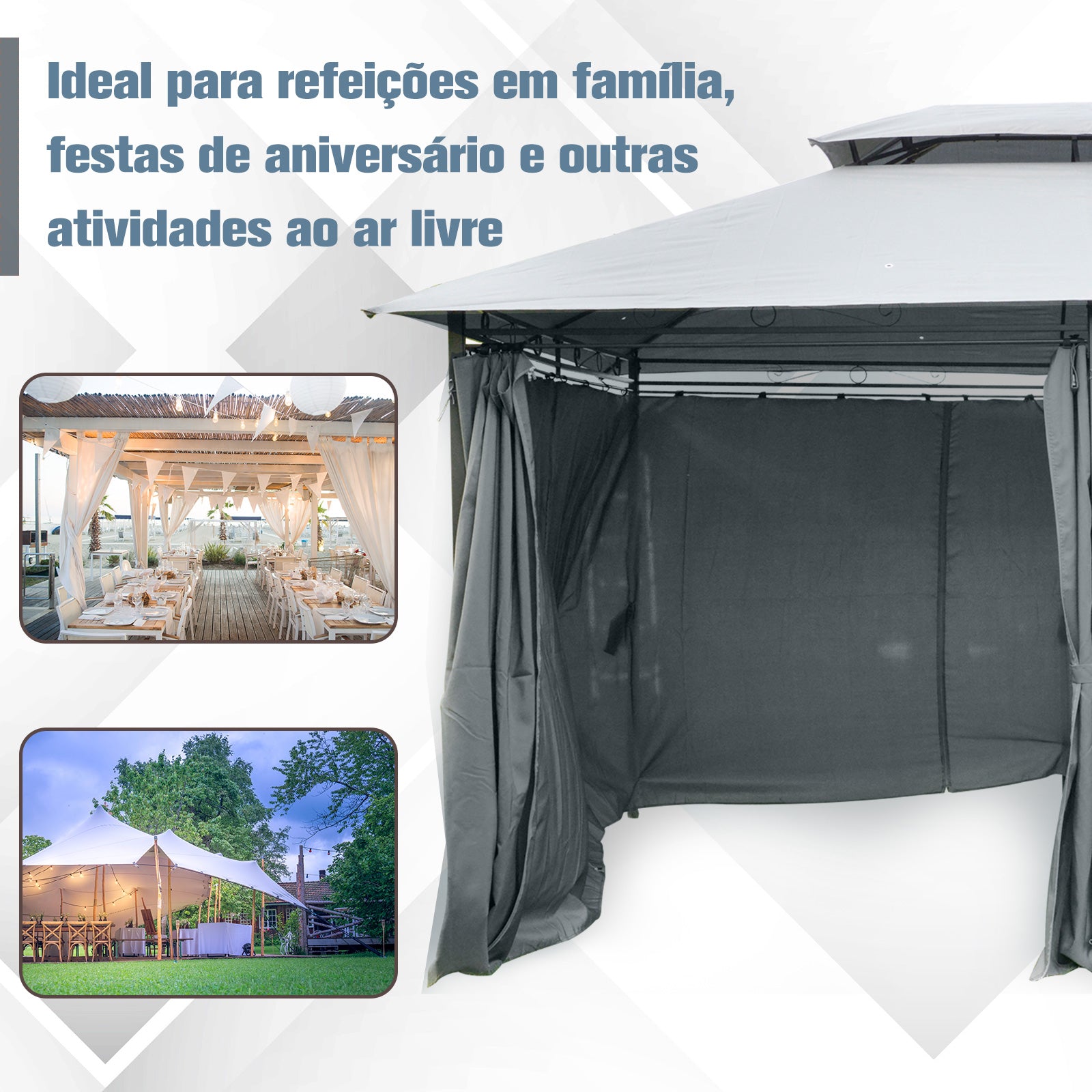 Pérgola de Jardim Cinzenta 300x400x280 cm com Estrutura de Aço e Teto Duplo