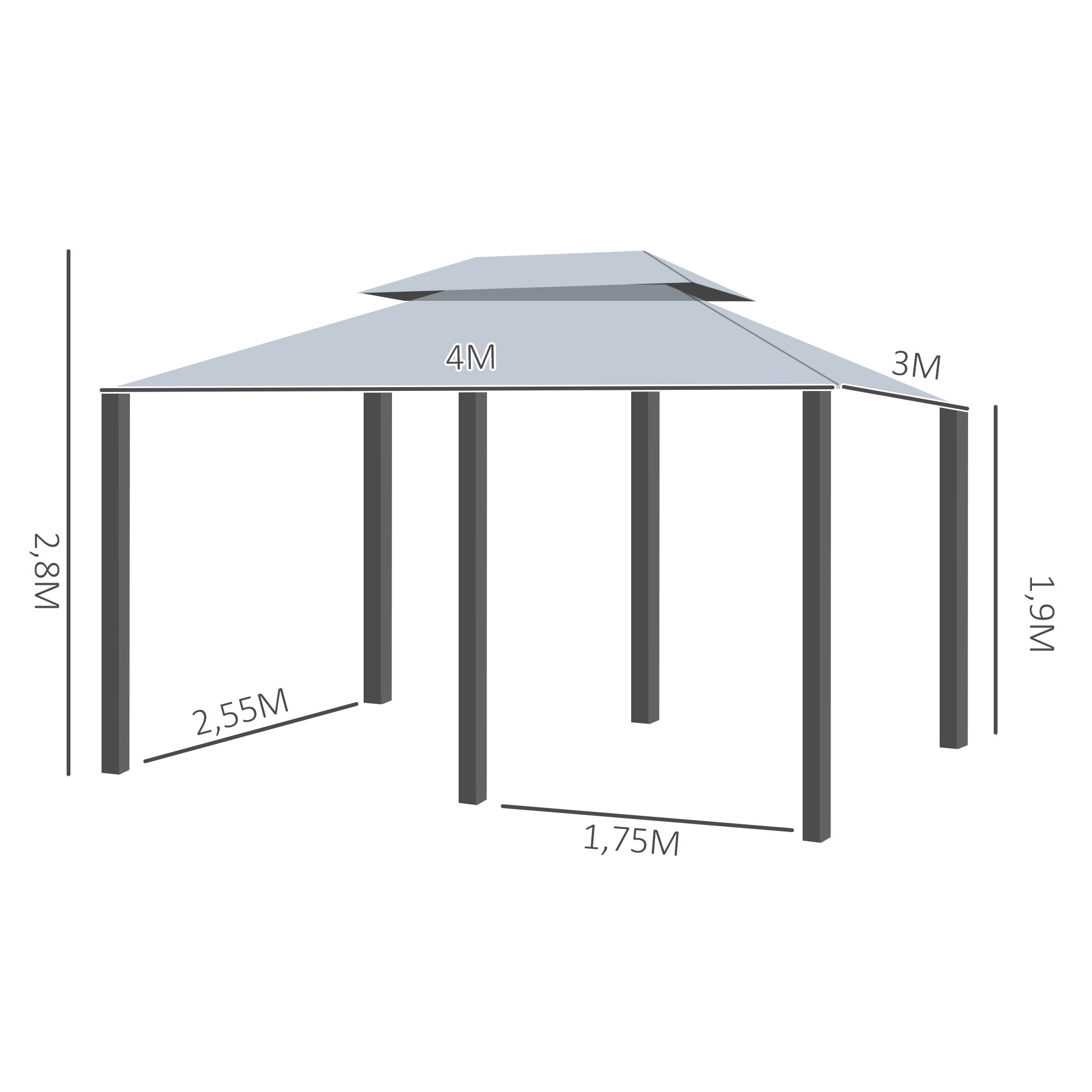 Pérgola de Jardim Cinzenta 300x400x280 cm com Estrutura de Aço e Teto Duplo