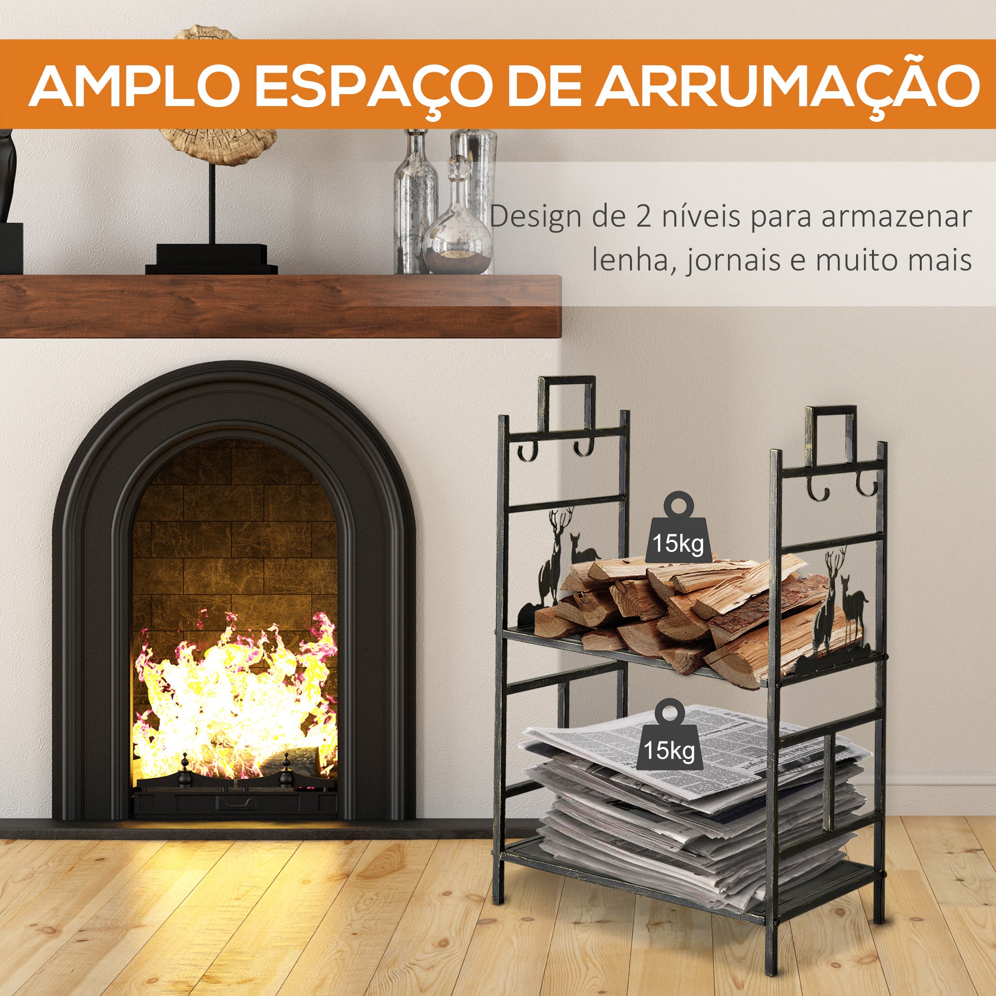 Suporte para Lenha em Ferro Forjado de 2 Níveis - 51,5x33x77 cm - Preto e Dourado