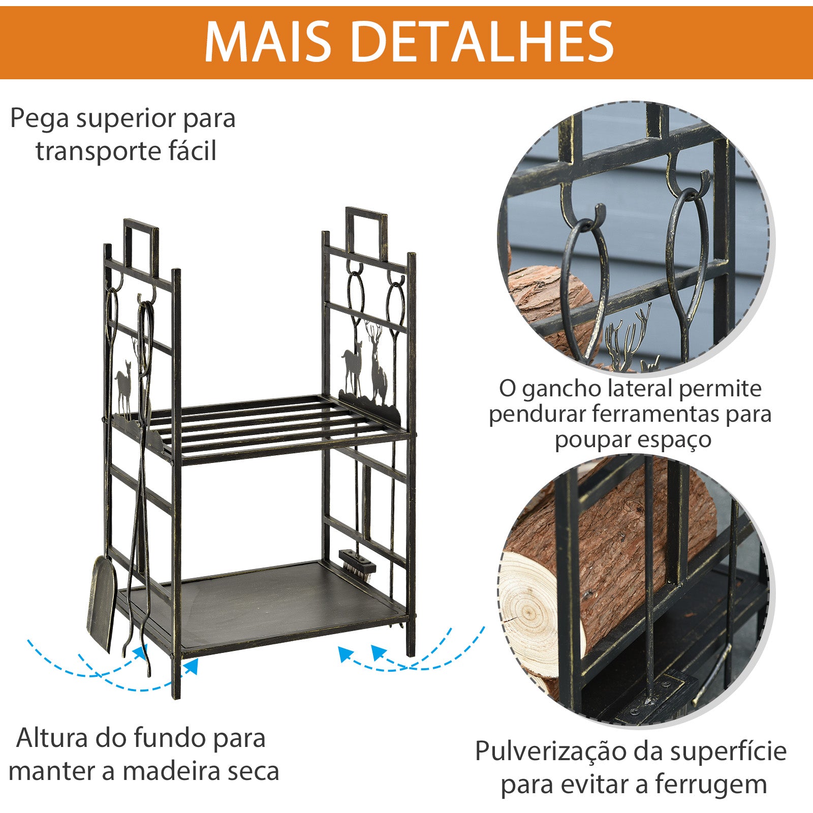 Suporte para Lenha em Ferro Forjado de 2 Níveis - 51,5x33x77 cm - Preto e Dourado