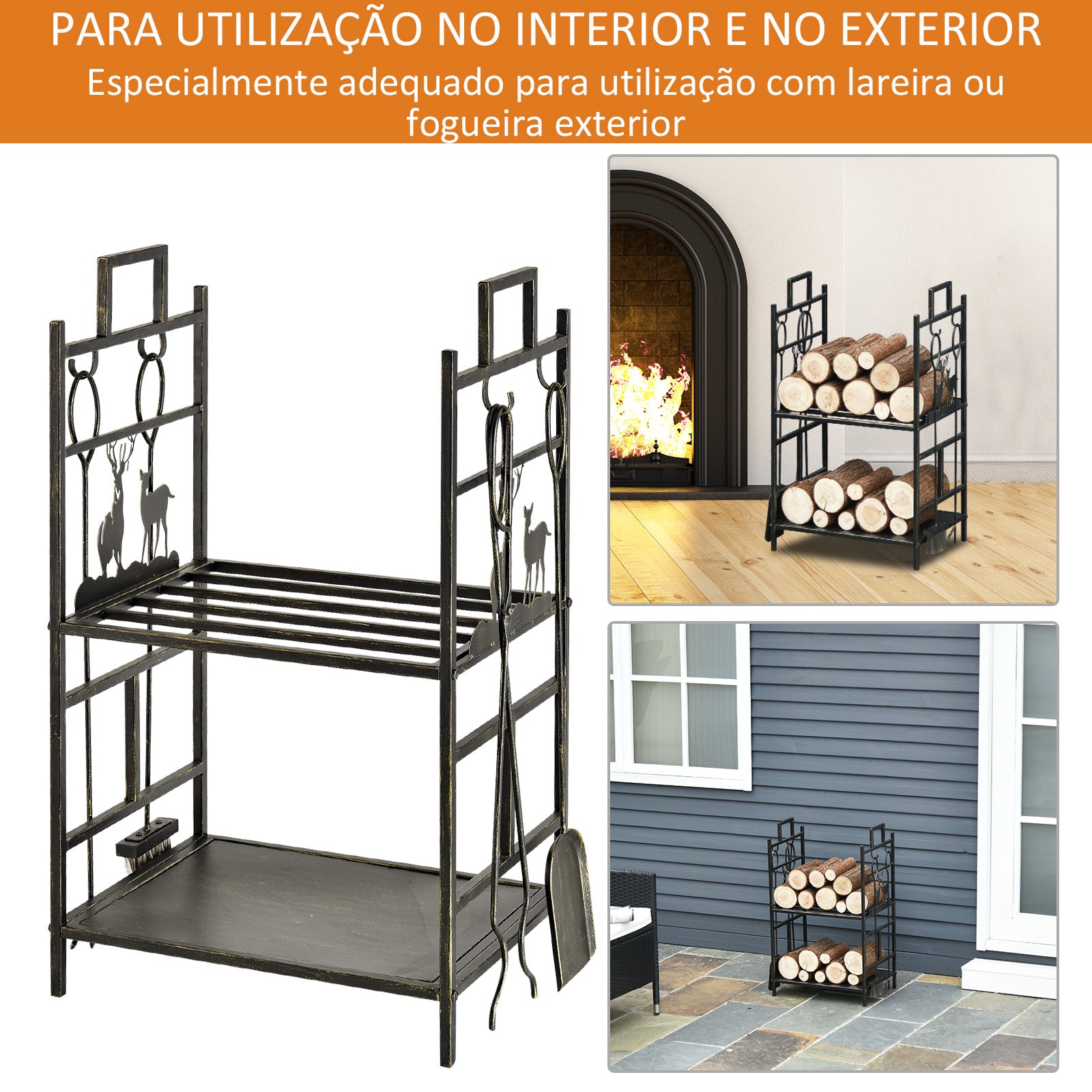 Suporte para Lenha em Ferro Forjado de 2 Níveis - 51,5x33x77 cm - Preto e Dourado