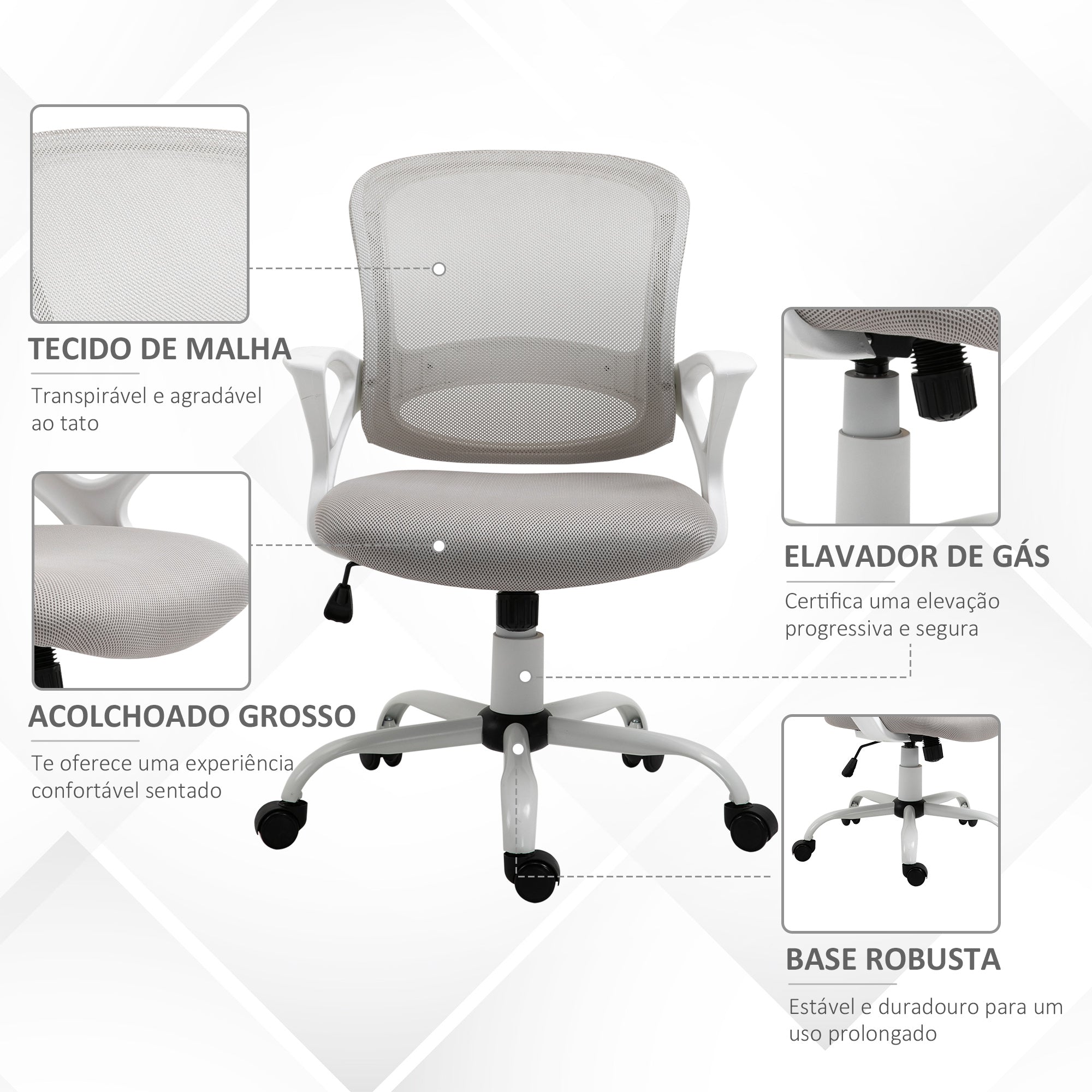 Cadeira de Escritório Ergonômica Cinza e Branco 61x61x99cm