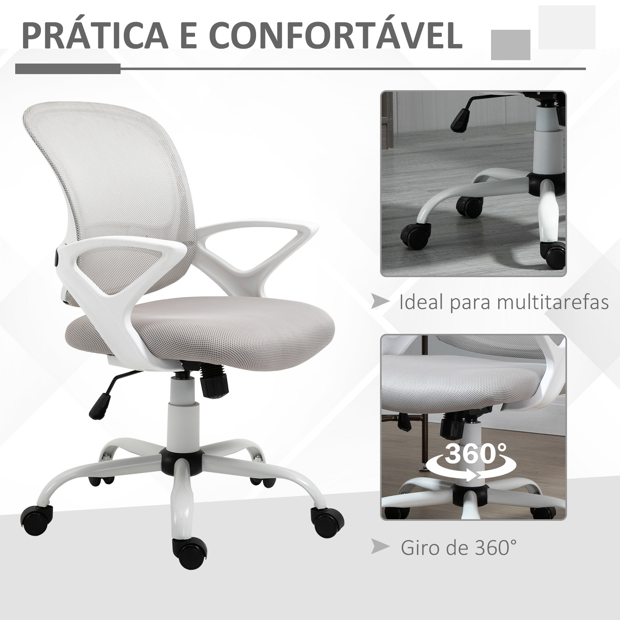 Cadeira de Escritório Ergonômica Cinza e Branco 61x61x99cm