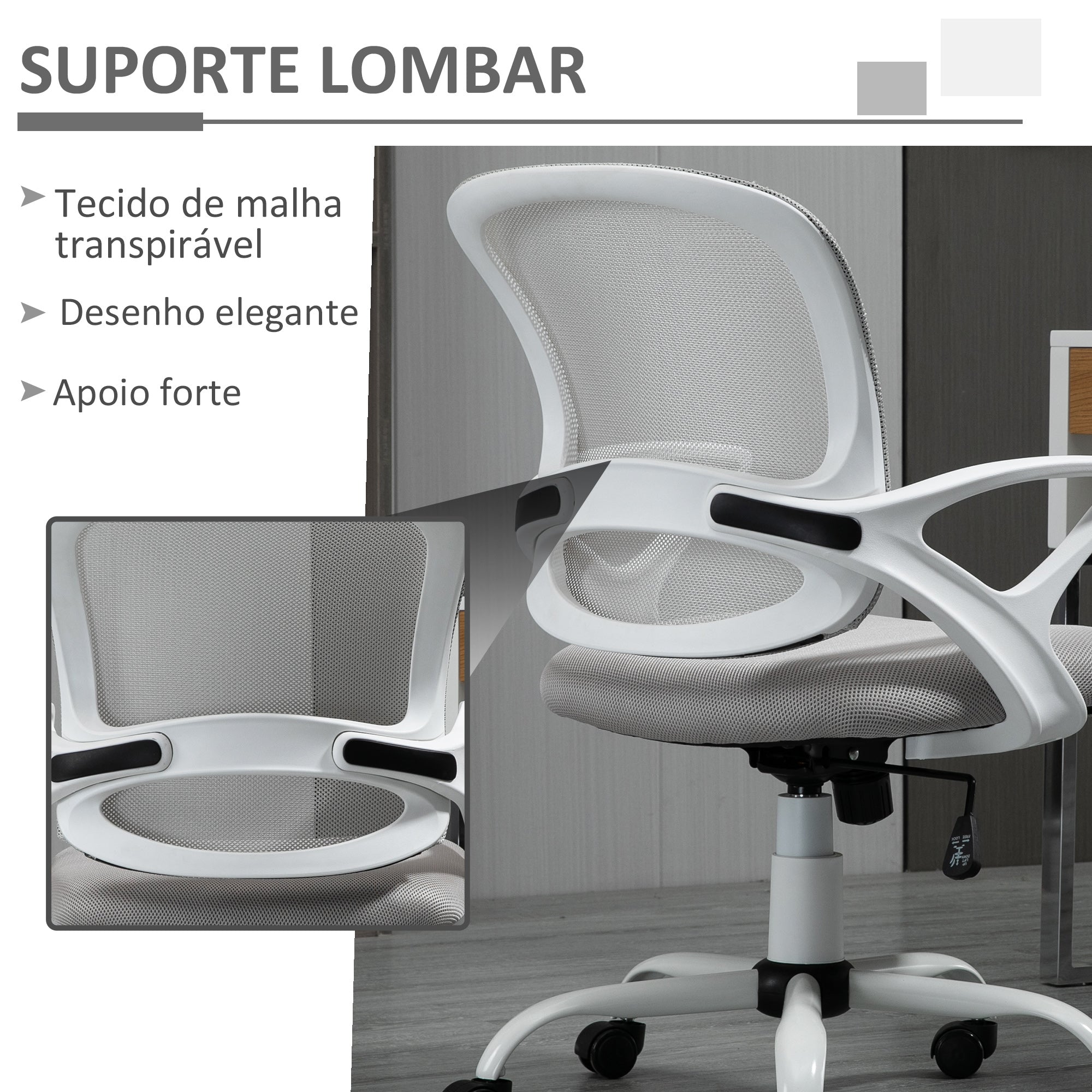 Cadeira de Escritório Ergonômica Cinza e Branco 61x61x99cm