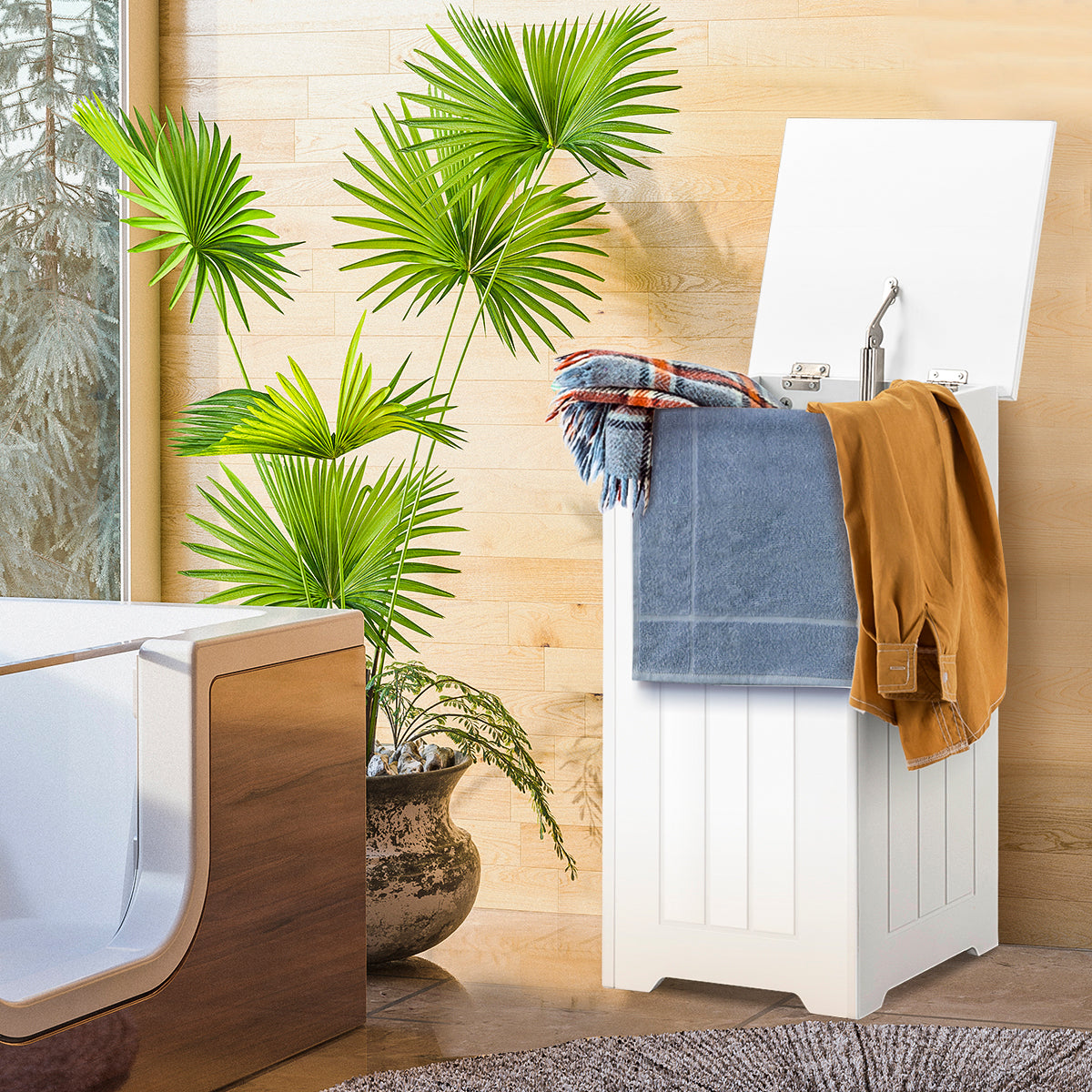 Armário de 34 L para Lavandaria Cesto de Roupa Suja com Tampa Organizador Grande Espaço de Armazenamento para Entrada Casa de Banho Branco