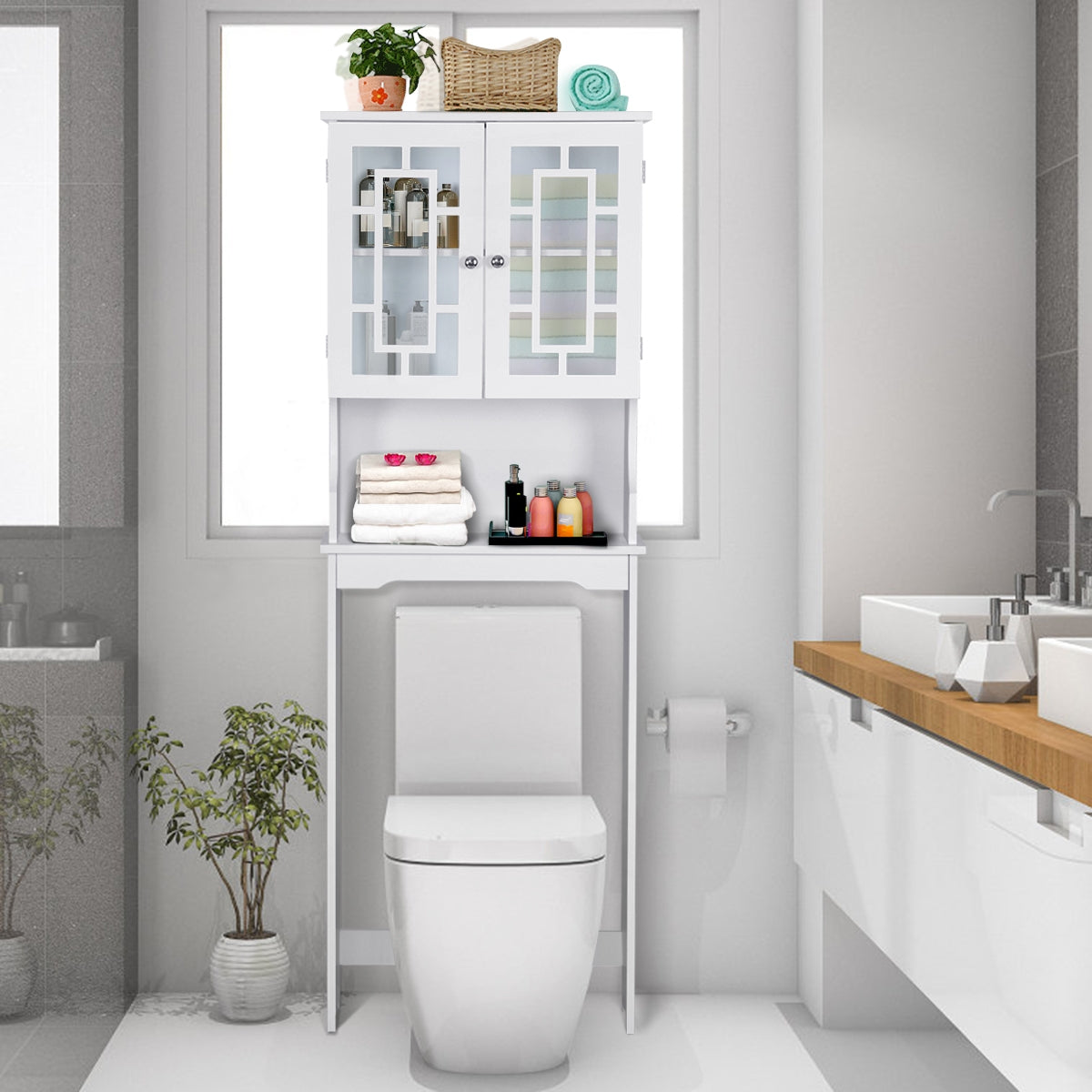 Armário de Armazenamento Sobre o Vaso Sanitário com Prateleira Ajustável e Porta Dupla de Vidro 60 x 21,5 x 170,5 cm Branco