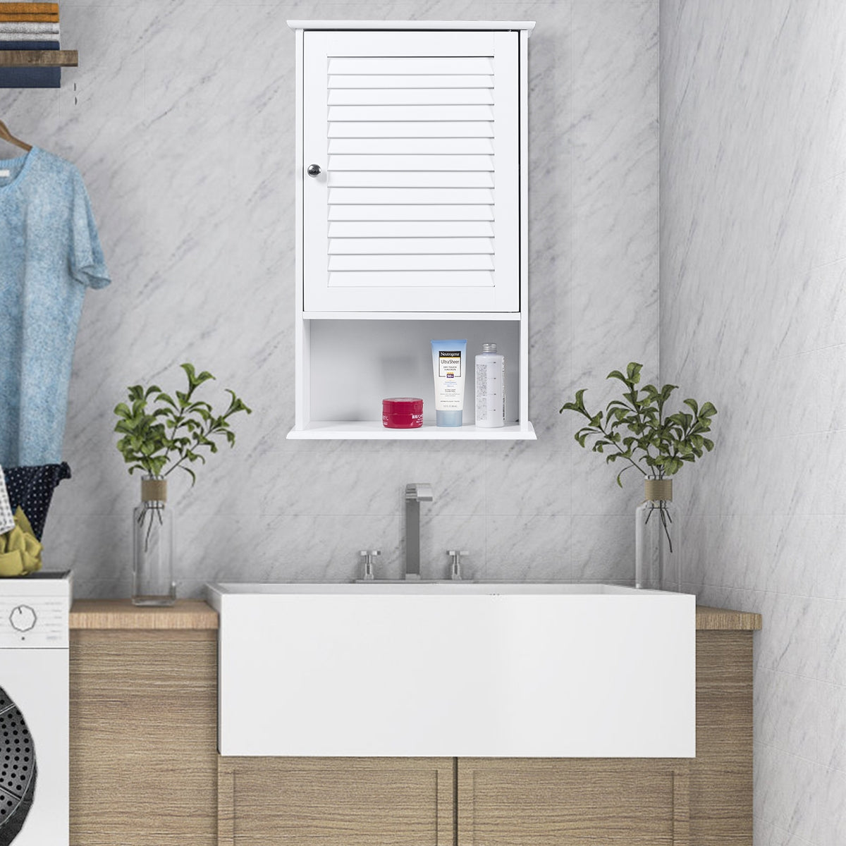 Armário de Parede para Casa de Banho com 3 Prateleiras de Arrumação e Porta, Móvel de Casa de Banho com Prateleira Ajustável 42 x 16,5 x 70 cm Branco