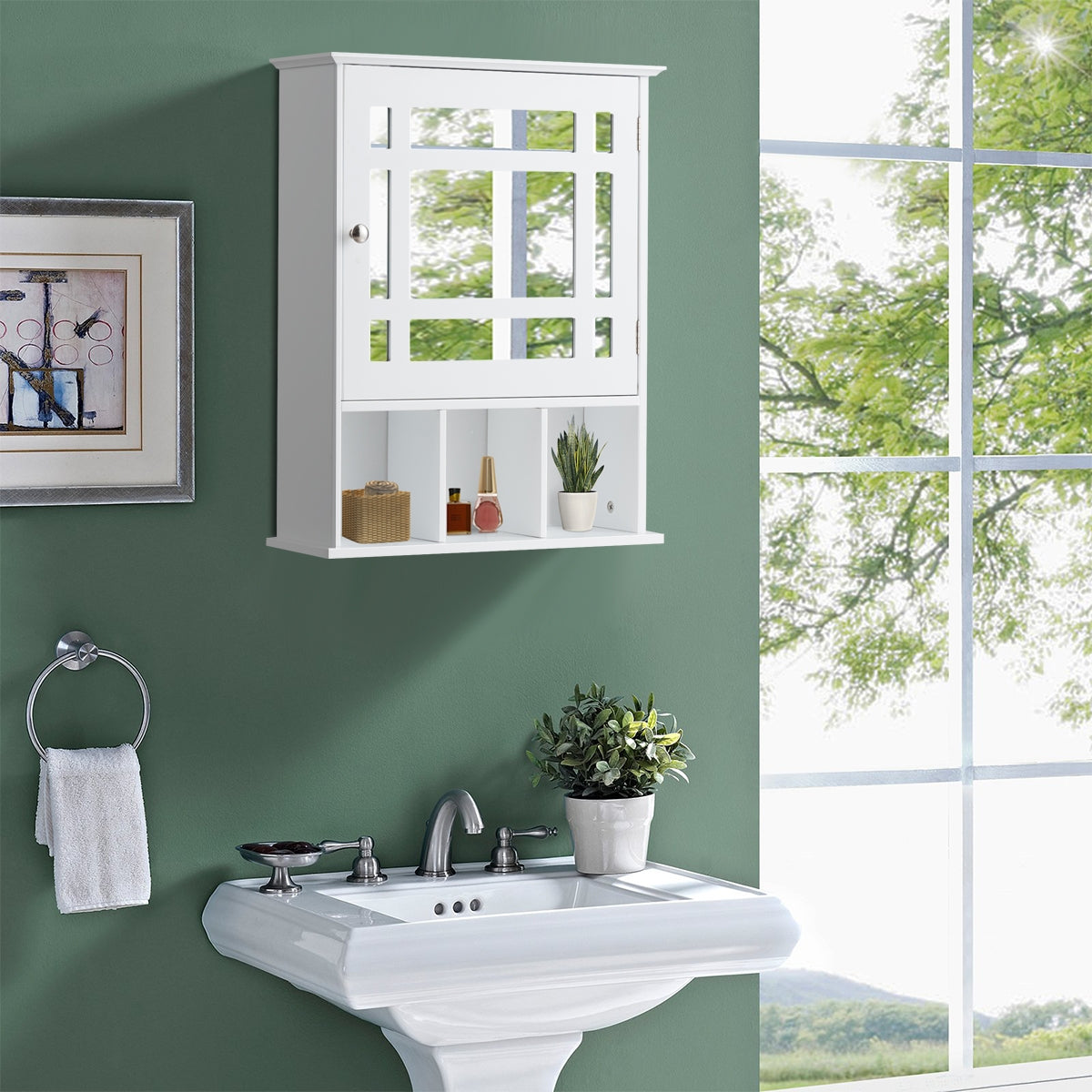 Armário de Casa de Banho com Espelho de Parede Móvel de Casa de Banho Organizador com Porta e Prateleira Armário de Arrumação Branco 50 x 16 x 61 cm