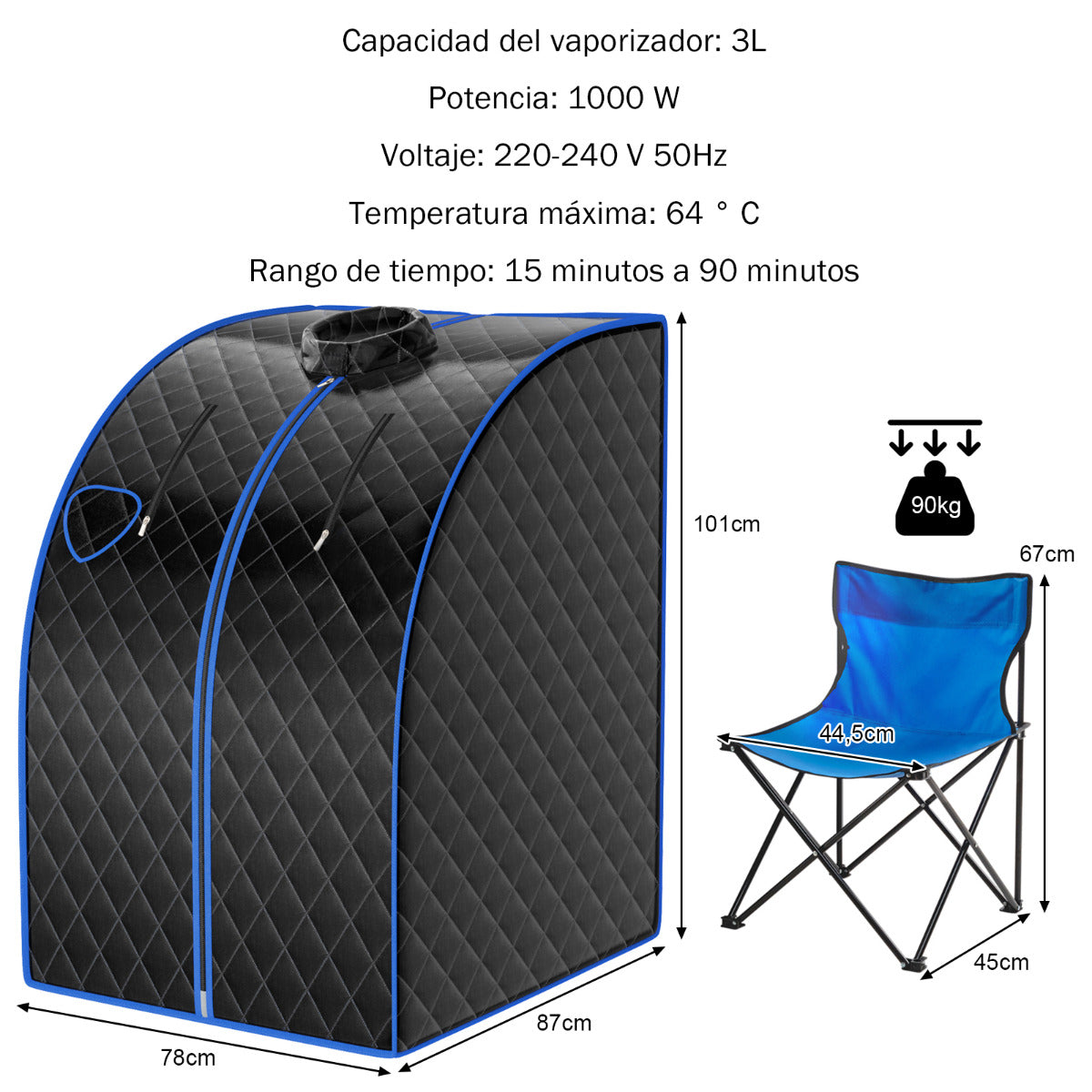 Sauna de Vapor Portátil 3 L com Temporizador e Temperatura Reguláveis - Negro 78 x 87 x 101 cm